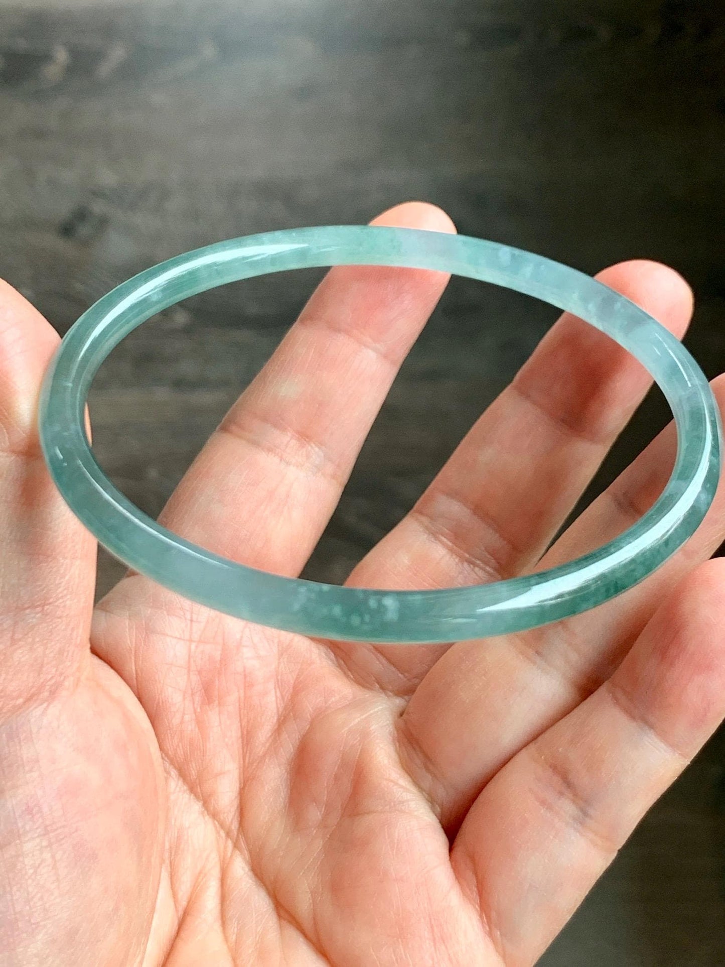 Certified Natural Grade A Guatemalan Icy Highly Translucent Light Green Jade Jadeite Slim Bangle 68mm 8.4” 16.43g 天然冰胶危晴绿翡翠细圆条手镯 8808