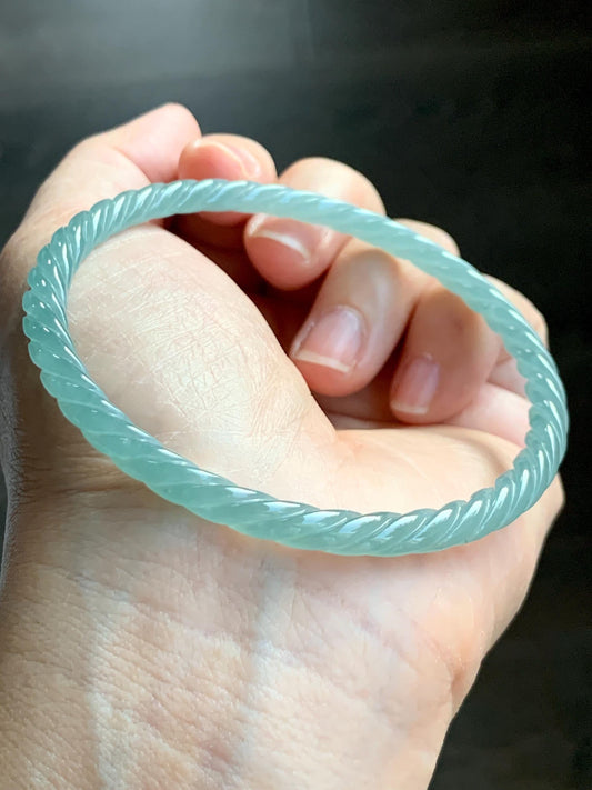 Certified Natural Grade A Guatemalan Icy Translucent Gelatinous Light Teal Jade Jadeite Carved Braid Bangle 63.1mm 7.8” 天然冰胶危浅晴蓝翡翠细麻花手镯 8758
