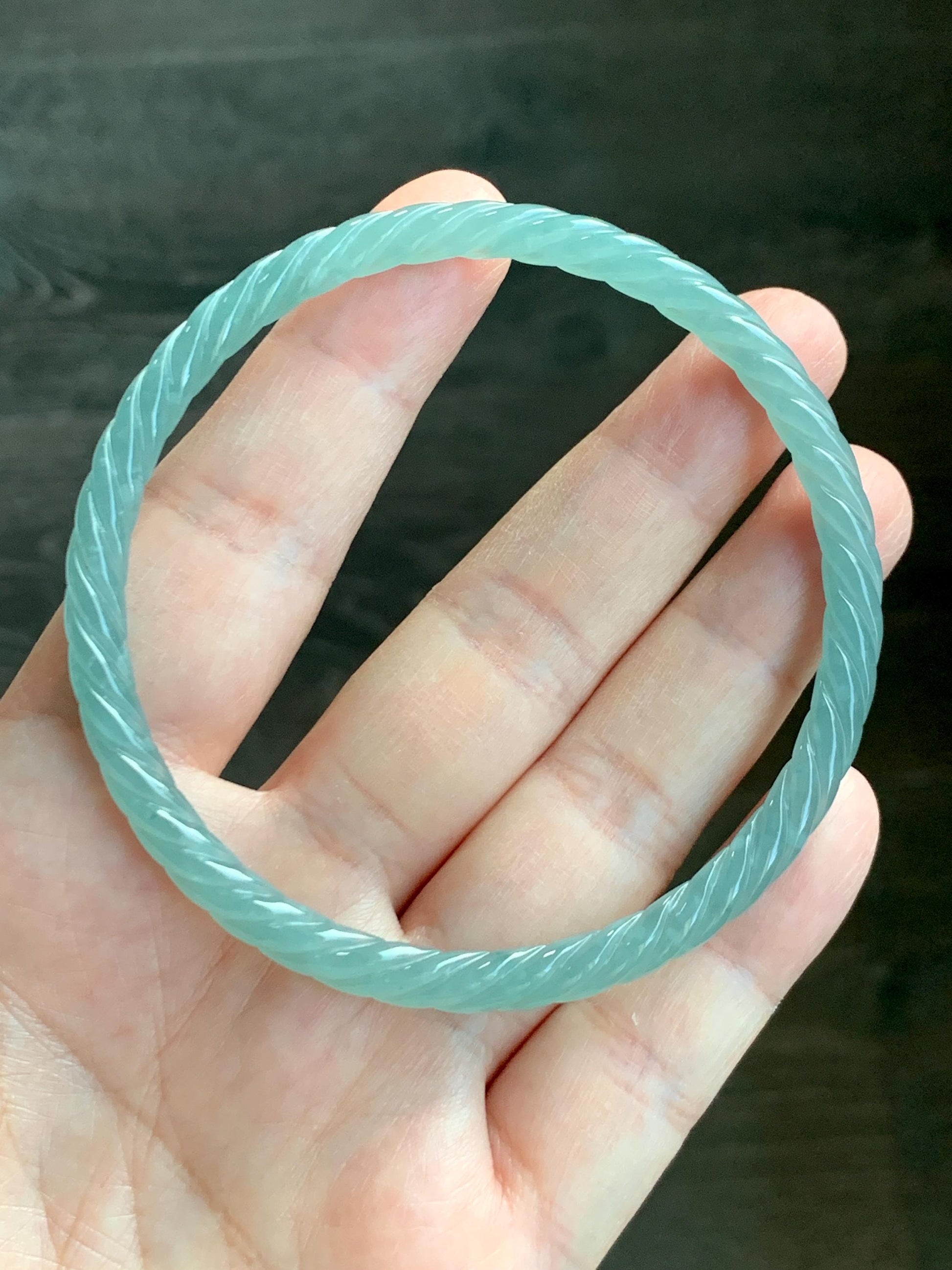 Certified Natural Grade A Guatemalan Icy Translucent Gelatinous Light Teal Jade Jadeite Carved Braid Bangle 63.1mm 7.8” 天然冰胶危浅晴蓝翡翠细麻花手镯 8758