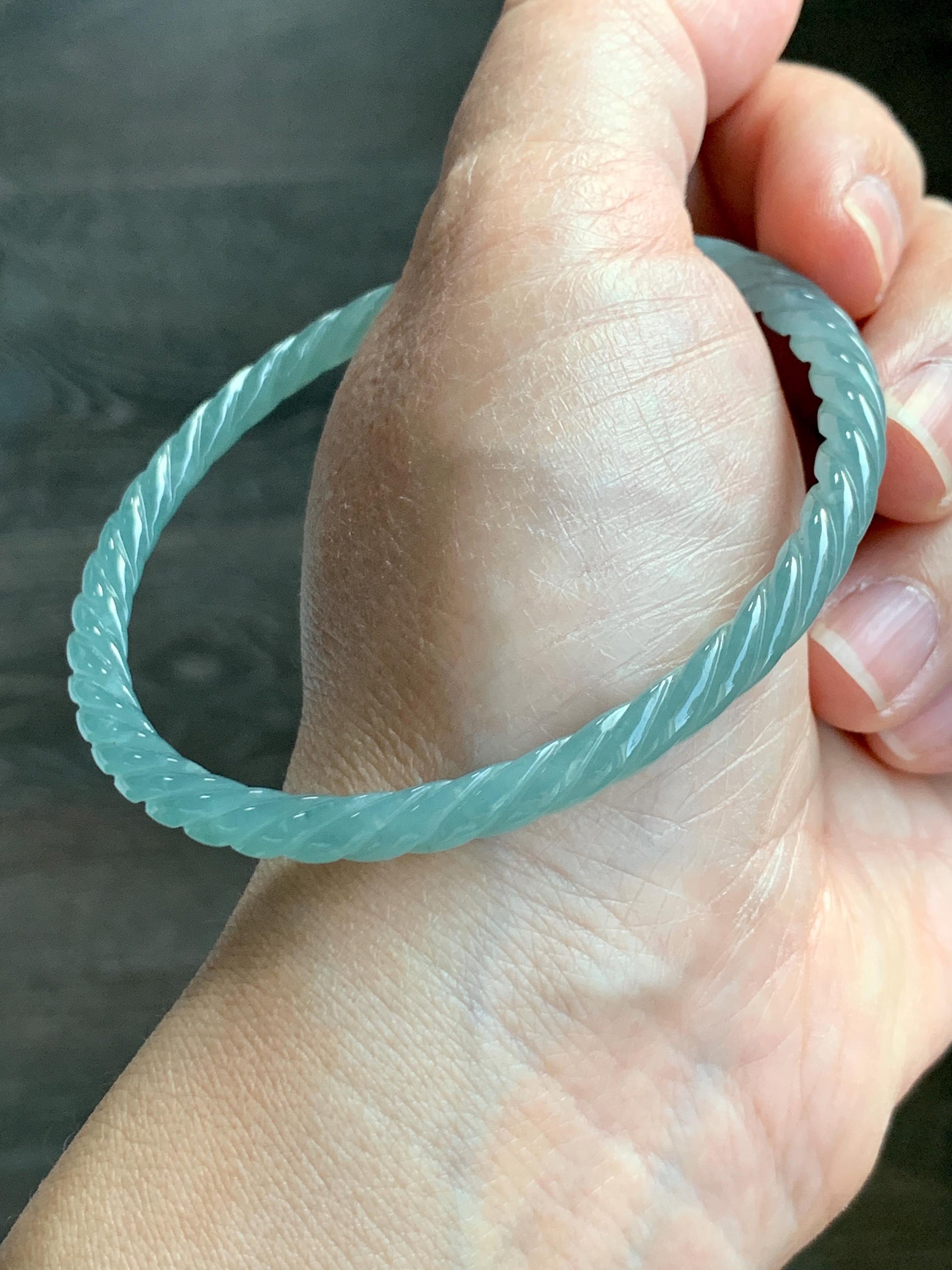 Certified Natural Grade A Guatemalan Icy Translucent Gelatinous Light Teal Jade Jadeite Carved Braid Bangle 63.1mm 7.8” 天然冰胶危浅晴蓝翡翠细麻花手镯 8758