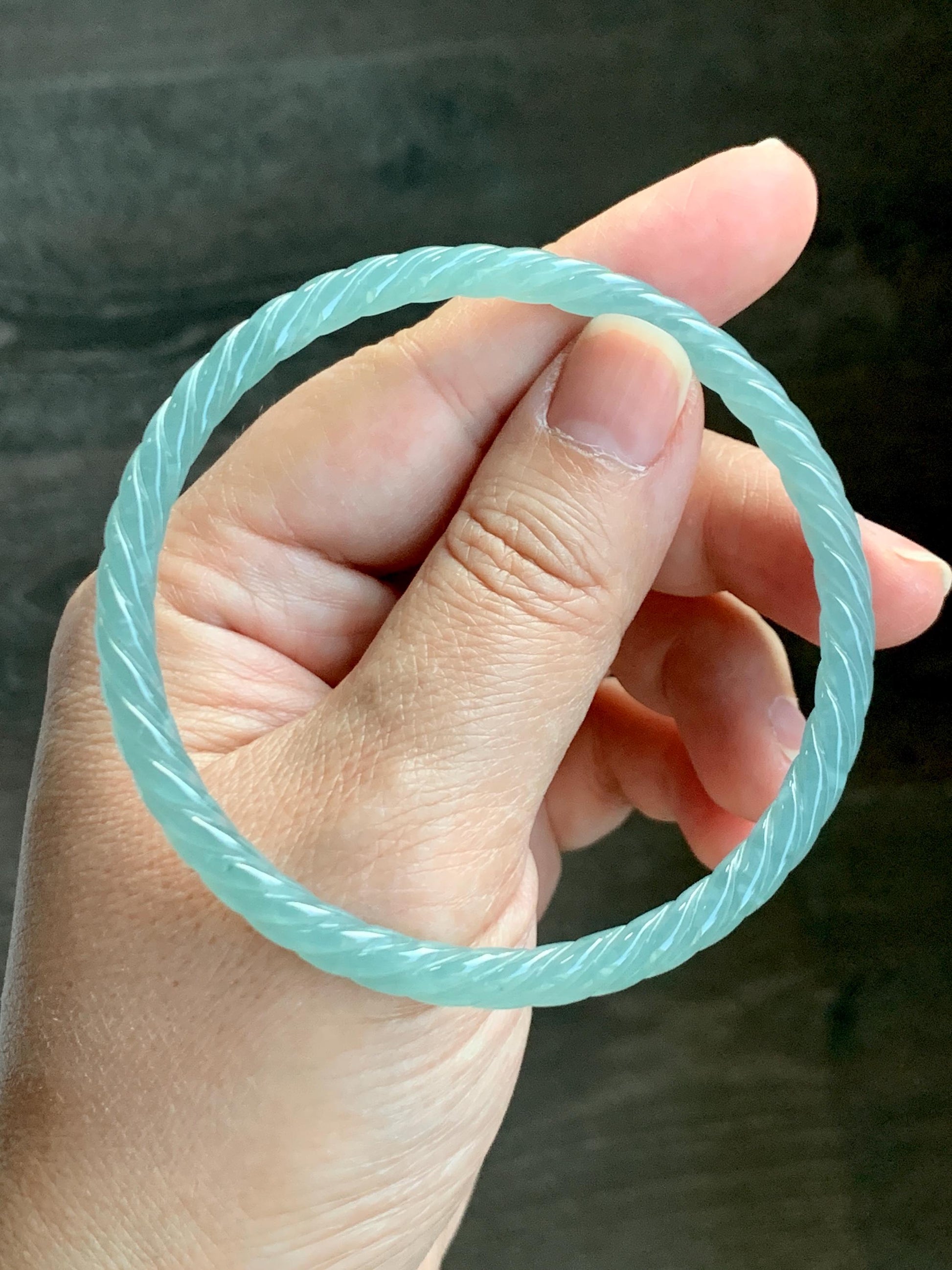 Certified Natural Grade A Guatemalan Icy Translucent Gelatinous Light Teal Jade Jadeite Carved Braid Bangle 63.1mm 7.8” 天然冰胶危浅晴蓝翡翠细麻花手镯 8758