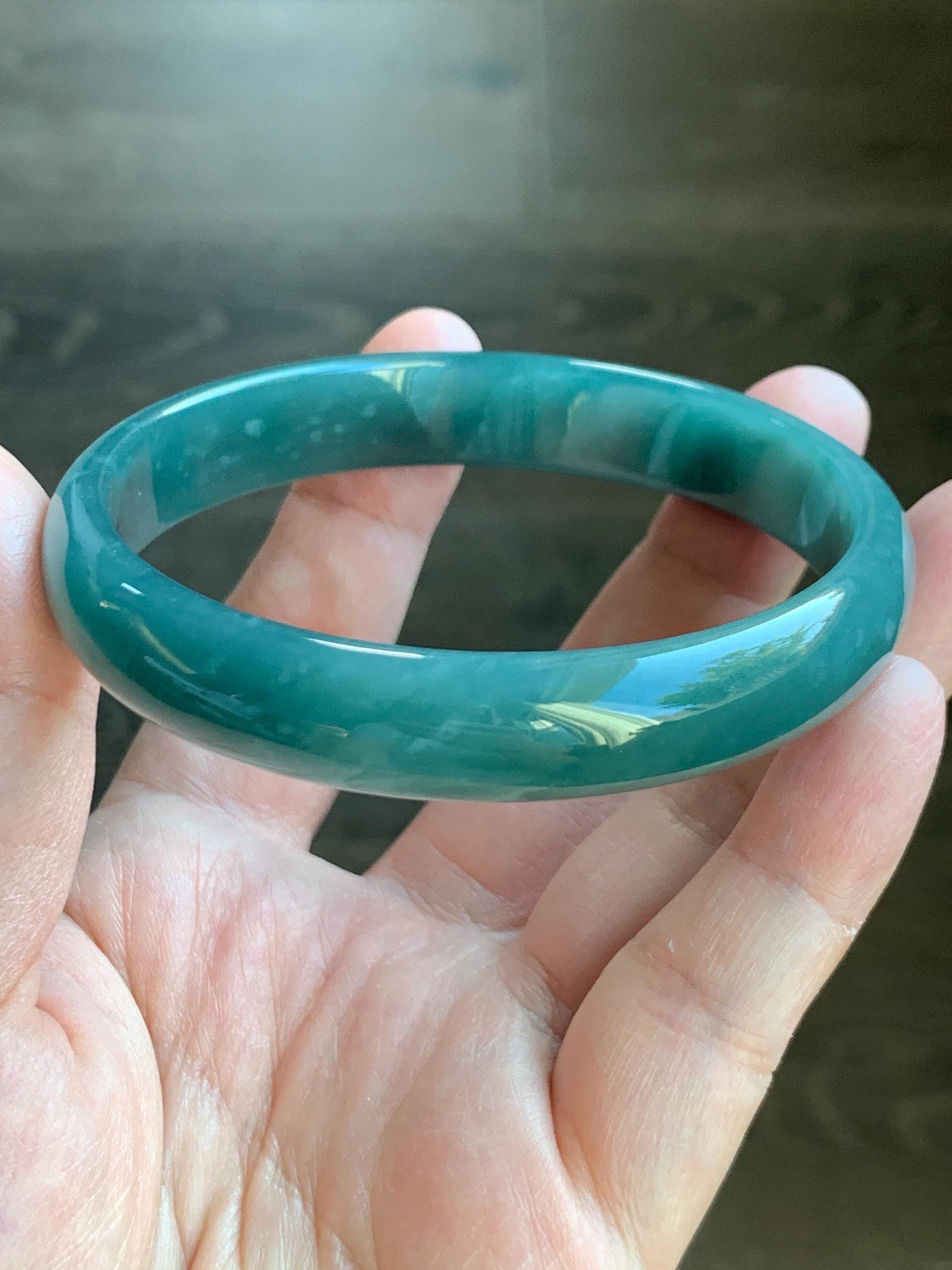 Certified Natural Grade A Guatemalan Icy Translucent Dark Teal Blue Jade Jadeite Wide Bangle Bracelet 63.7mm 7.88” 42.2g 天然危深蓝翡翠正圈手镯 8784