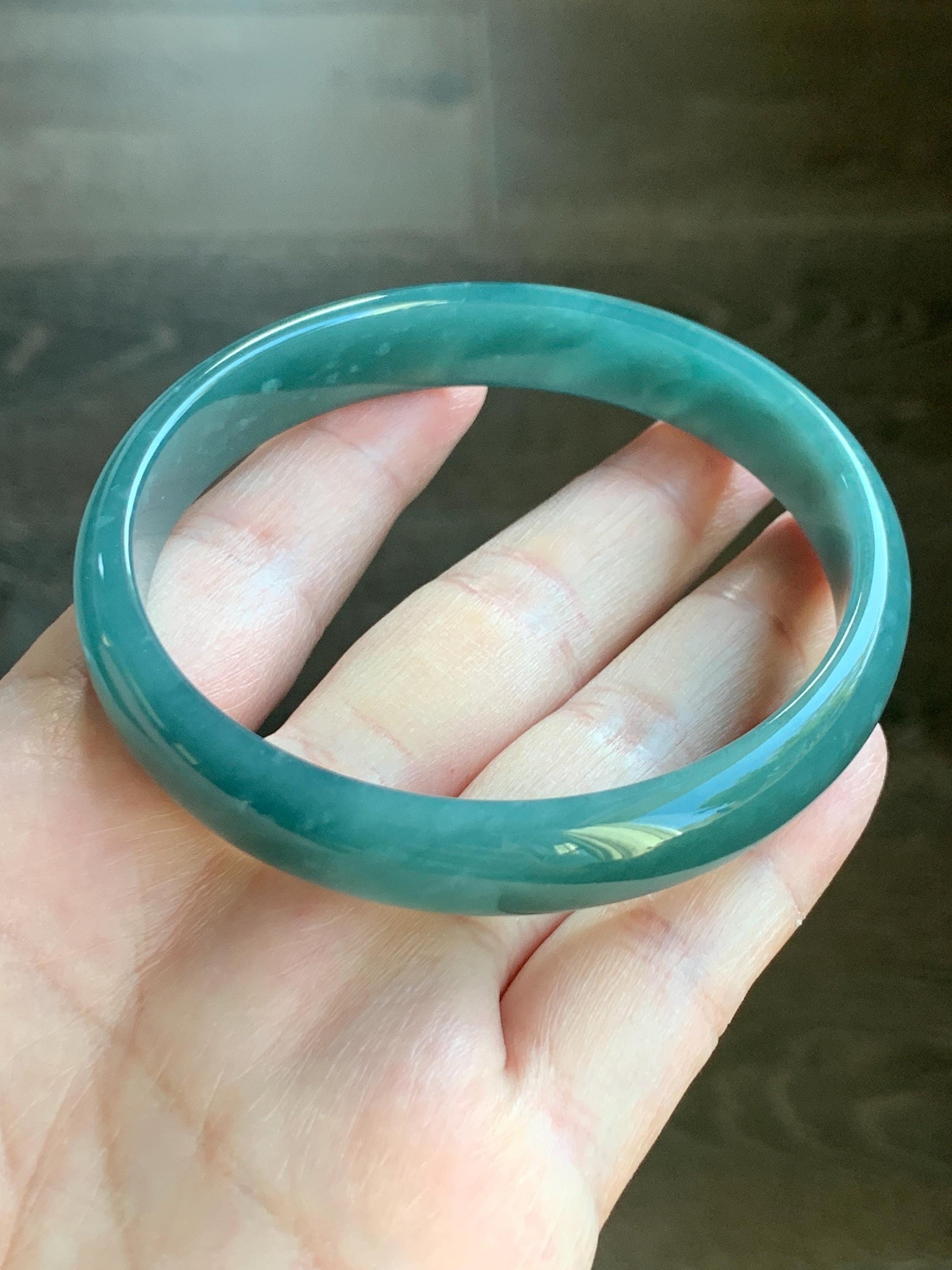 Certified Natural Grade A Guatemalan Icy Translucent Dark Teal Blue Jade Jadeite Wide Bangle Bracelet 63.7mm 7.88” 42.2g 天然危深蓝翡翠正圈手镯 8784