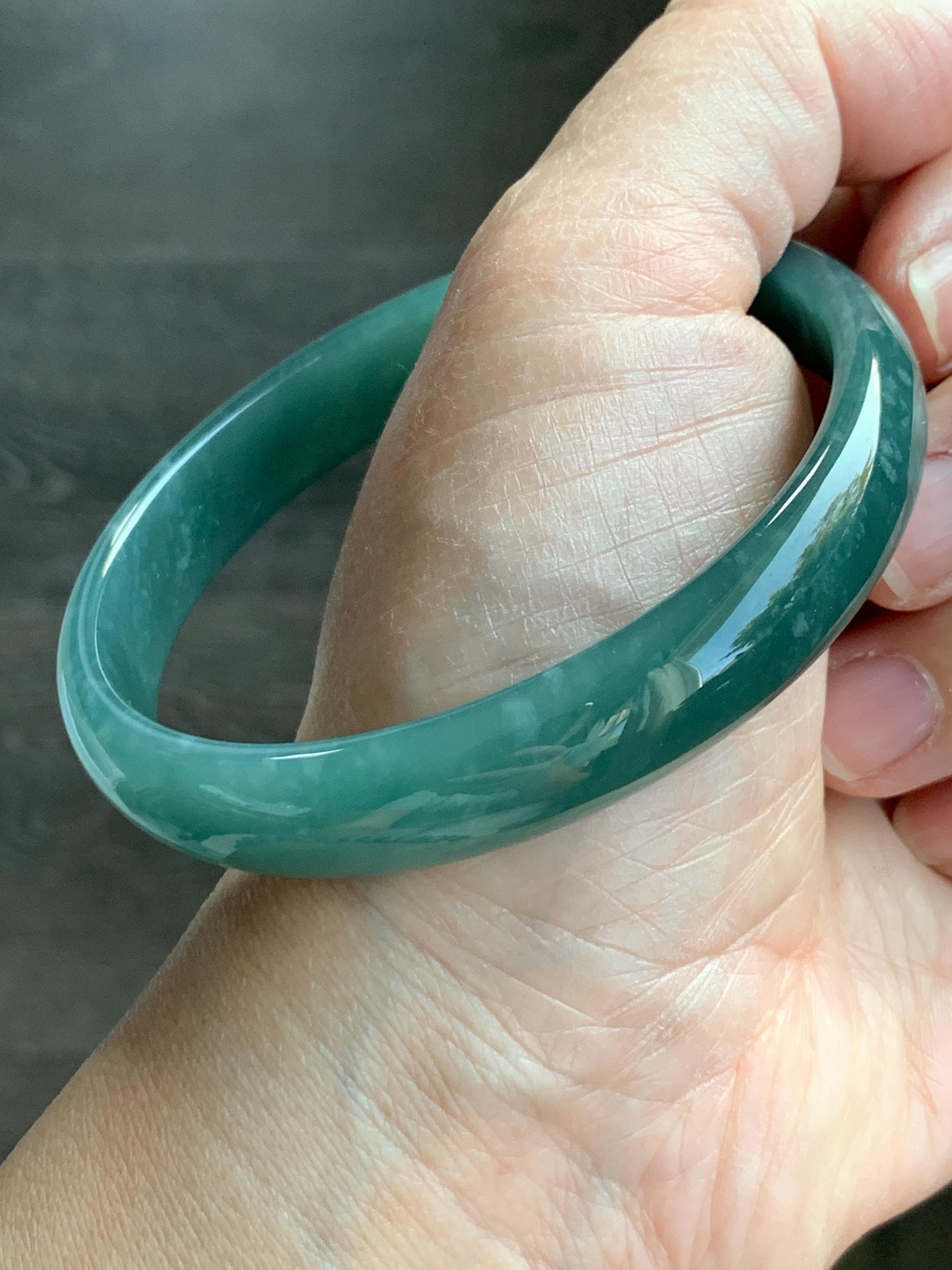Certified Natural Grade A Guatemalan Icy Translucent Dark Teal Jade Jadeite Wide Bangle Bracelet 63.6mm 7.86” 40.87g 天然危深蓝绿翡翠正圈手镯 8783