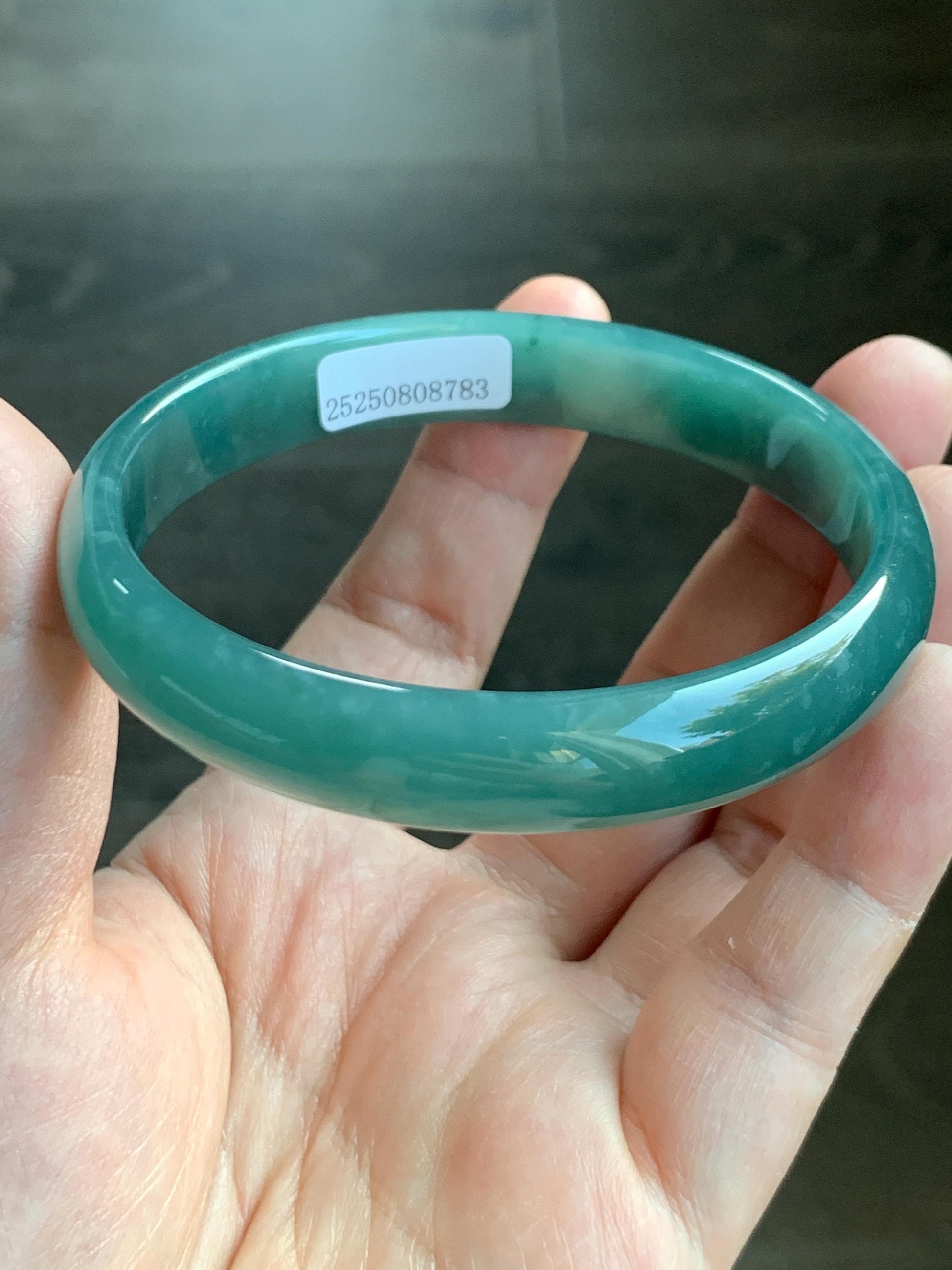 Certified Natural Grade A Guatemalan Icy Translucent Dark Teal Jade Jadeite Wide Bangle Bracelet 63.6mm 7.86” 40.87g 天然危深蓝绿翡翠正圈手镯 8783