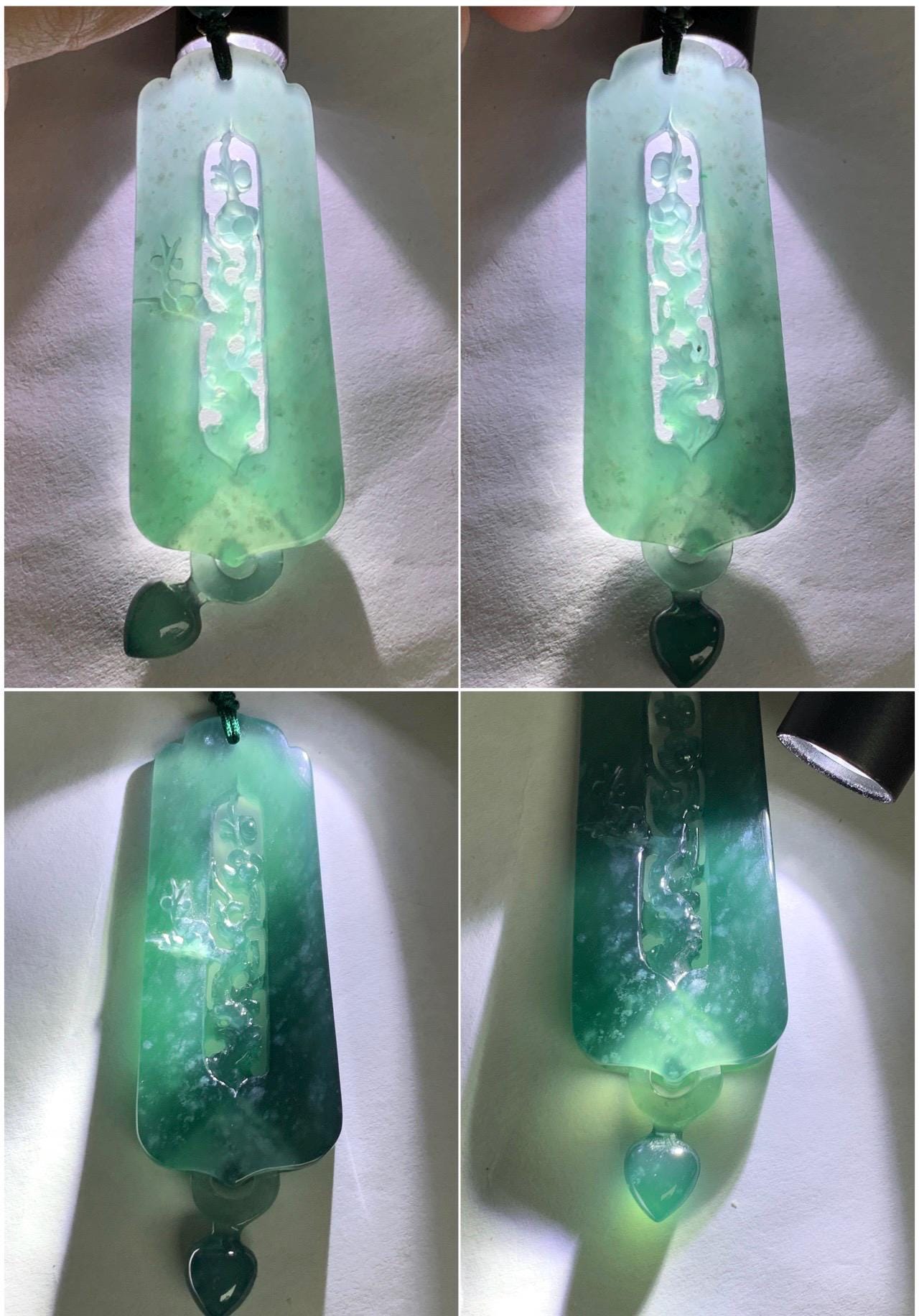 Certified Natural Guatemalan Icy Translucent Dark Teal Green Jade Jadeite Carved Cherry Blossom Pendant Rope Necklace 天然冰危蓝翡翠梅花镂空雕双面雕吊坠 8733