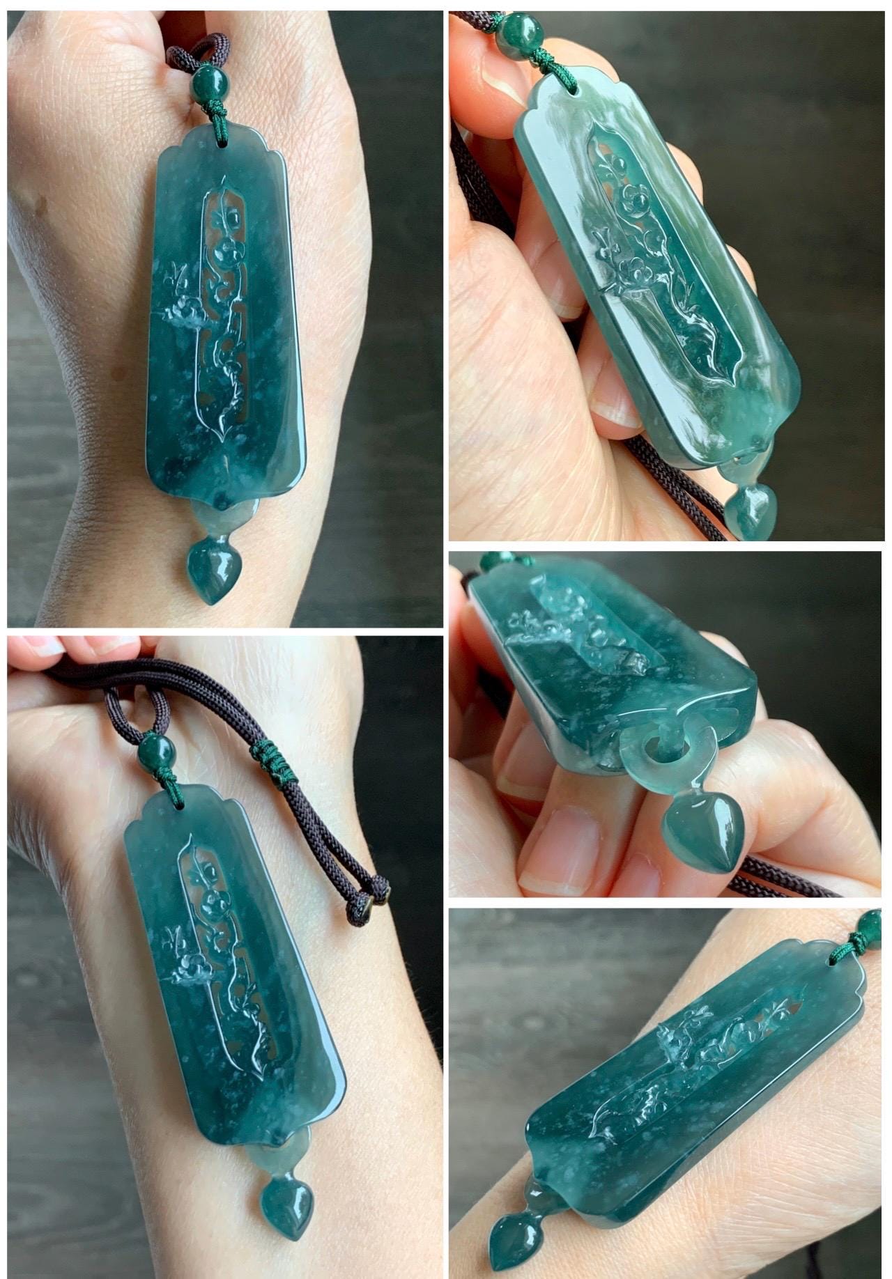 Certified Natural Guatemalan Icy Translucent Dark Teal Green Jade Jadeite Carved Cherry Blossom Pendant Rope Necklace 天然冰危蓝翡翠梅花镂空雕双面雕吊坠 8733