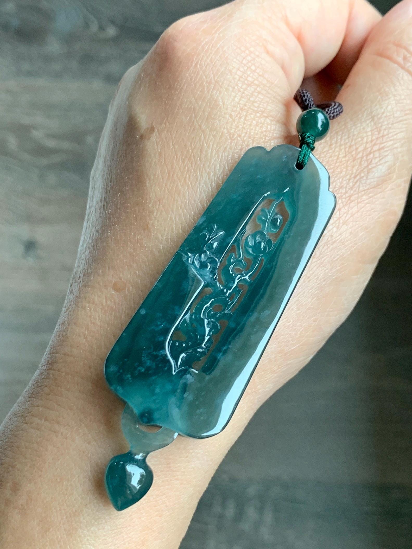 Certified Natural Guatemalan Icy Translucent Dark Teal Green Jade Jadeite Carved Cherry Blossom Pendant Rope Necklace 天然冰危蓝翡翠梅花镂空雕双面雕吊坠 8733