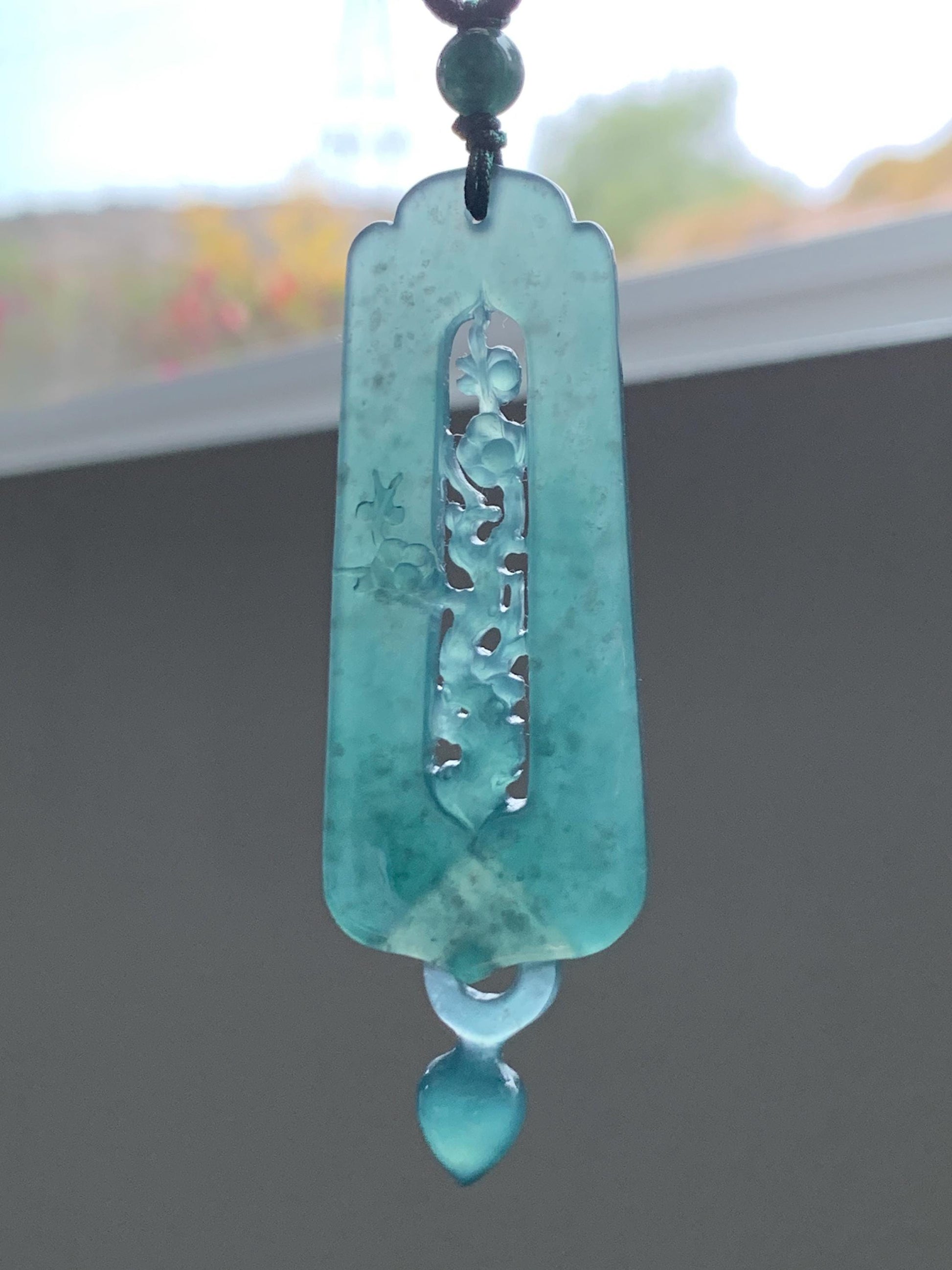 Certified Natural Guatemalan Icy Translucent Dark Teal Green Jade Jadeite Carved Cherry Blossom Pendant Rope Necklace 天然冰危蓝翡翠梅花镂空雕双面雕吊坠 8733