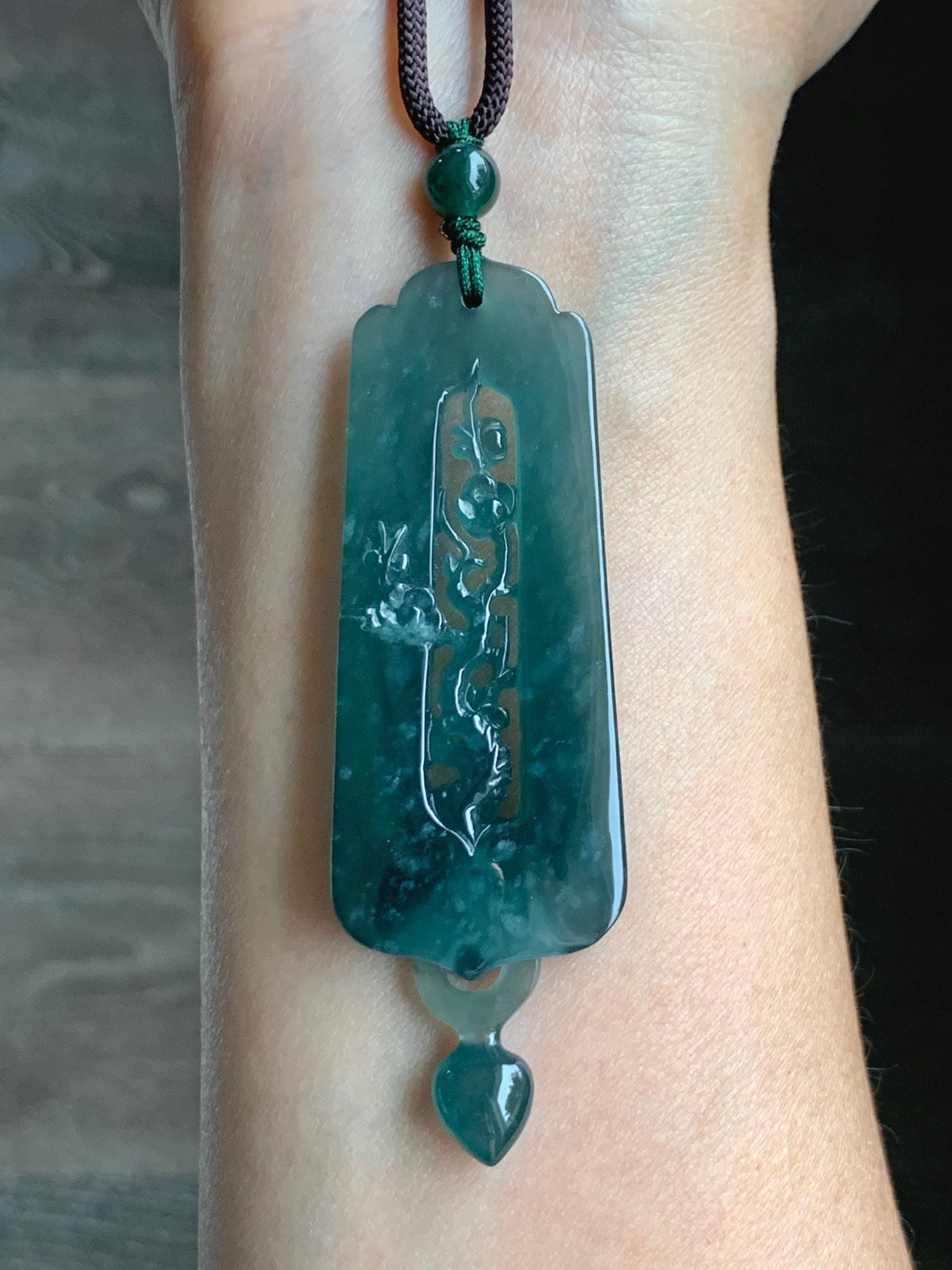 Certified Natural Guatemalan Icy Translucent Dark Teal Green Jade Jadeite Carved Cherry Blossom Pendant Rope Necklace 天然冰危蓝翡翠梅花镂空雕双面雕吊坠 8733