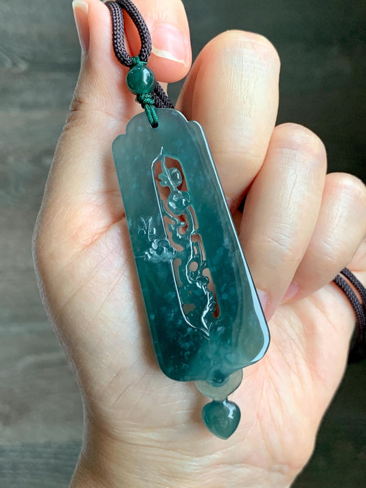 Certified Natural Guatemalan Icy Translucent Dark Teal Green Jade Jadeite Carved Cherry Blossom Pendant Rope Necklace 天然冰危蓝翡翠梅花镂空雕双面雕吊坠 8733