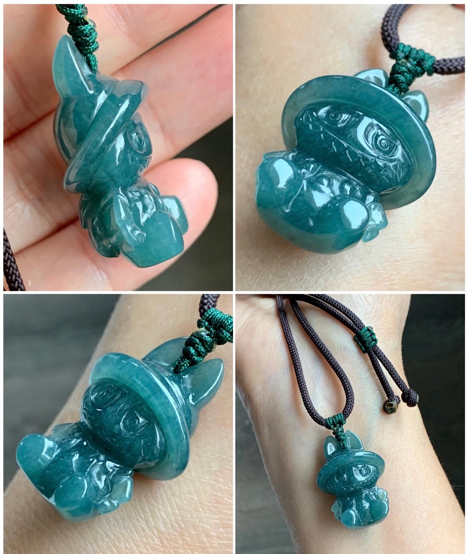 Natural Grade A Guatemalan Icy Translucent Dark Teal Blue Jade Jadeite Carved Monster Plush Pendant Rope Necklace 26” 天然冰胶危深蓝绿翡翠吊坠 LBB88