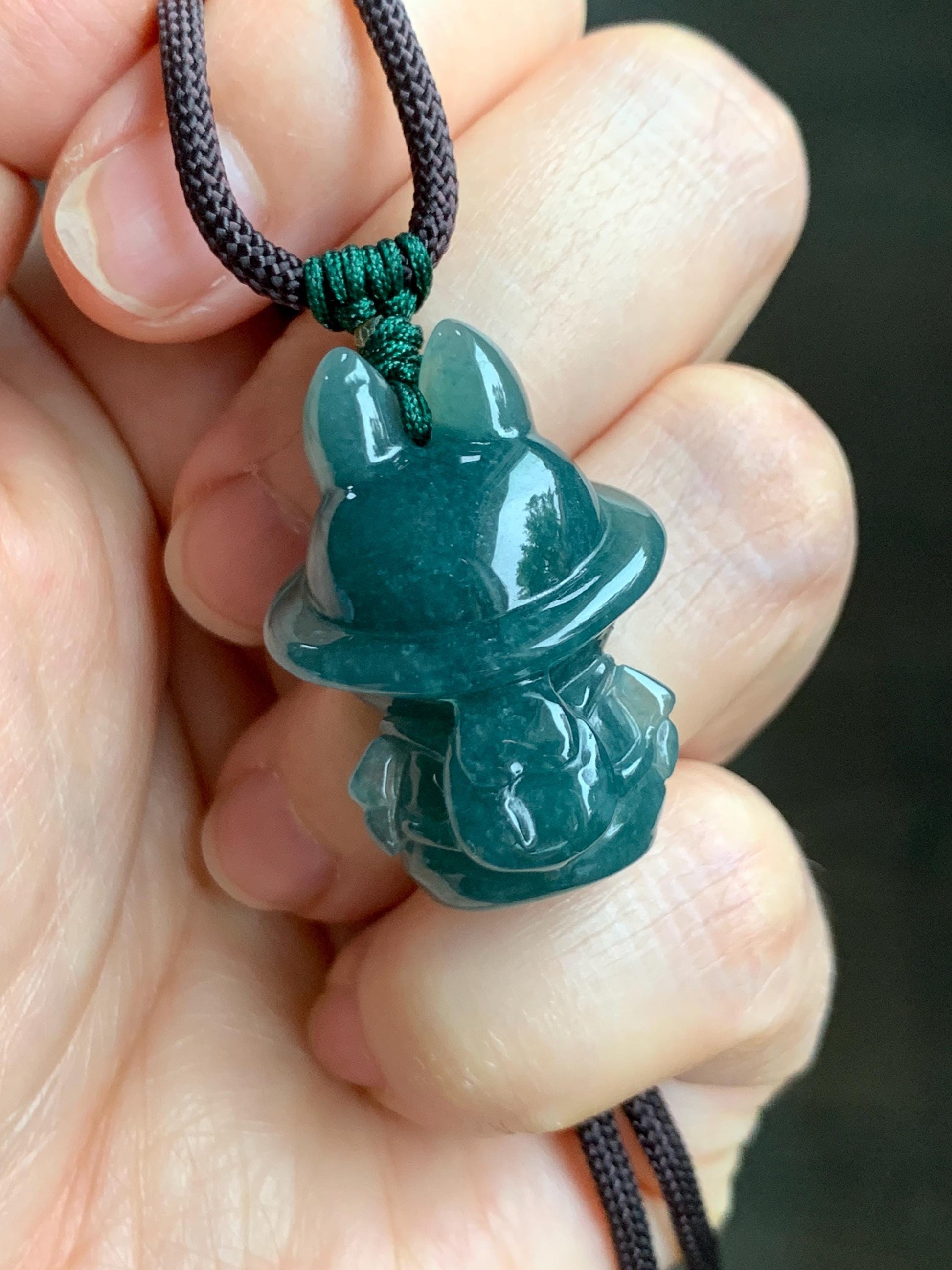 Natural Grade A Guatemalan Icy Translucent Dark Teal Blue Jade Jadeite Carved Monster Plush Pendant Rope Necklace 26” 天然冰胶危深蓝绿翡翠吊坠 LBB88
