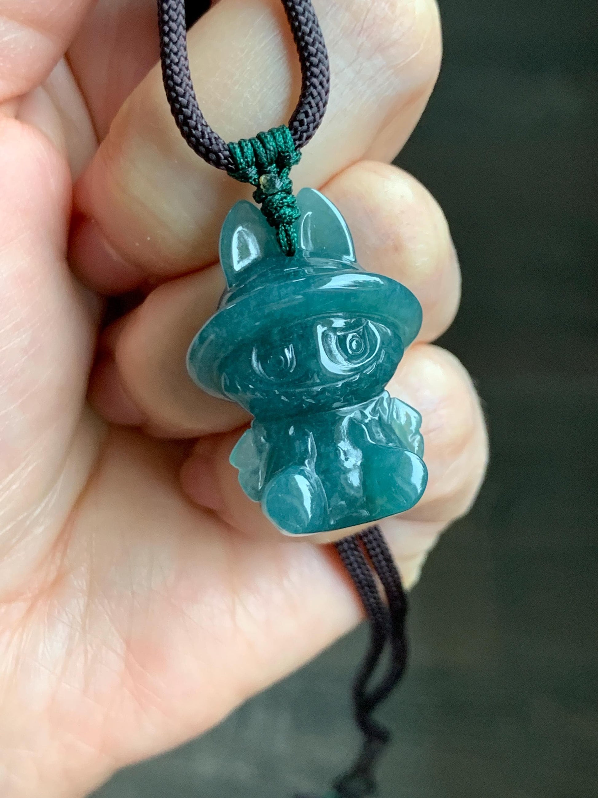 Natural Grade A Guatemalan Icy Translucent Dark Teal Blue Jade Jadeite Carved Monster Plush Pendant Rope Necklace 26” 天然冰胶危深蓝绿翡翠吊坠 LBB88