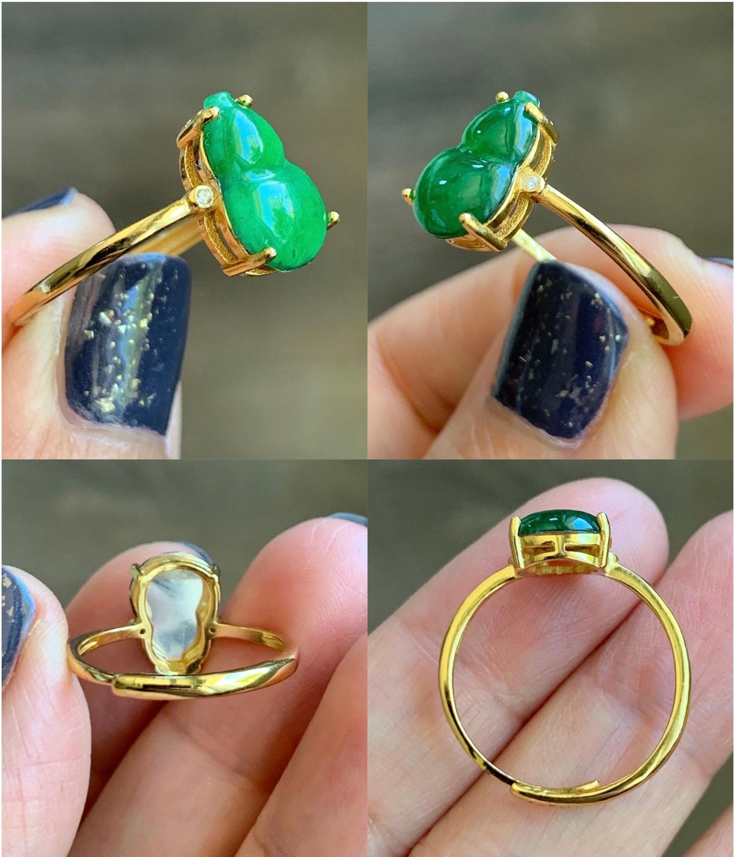 Natural Guatemalan Icy Translucent Vibrant Green Jadeite Gourd Hulu Solitaire Ring Sterling Silver Size 7 Adjustable 天然冰危绿翡翠葫芦蛋面银镶戒指 WHJ88
