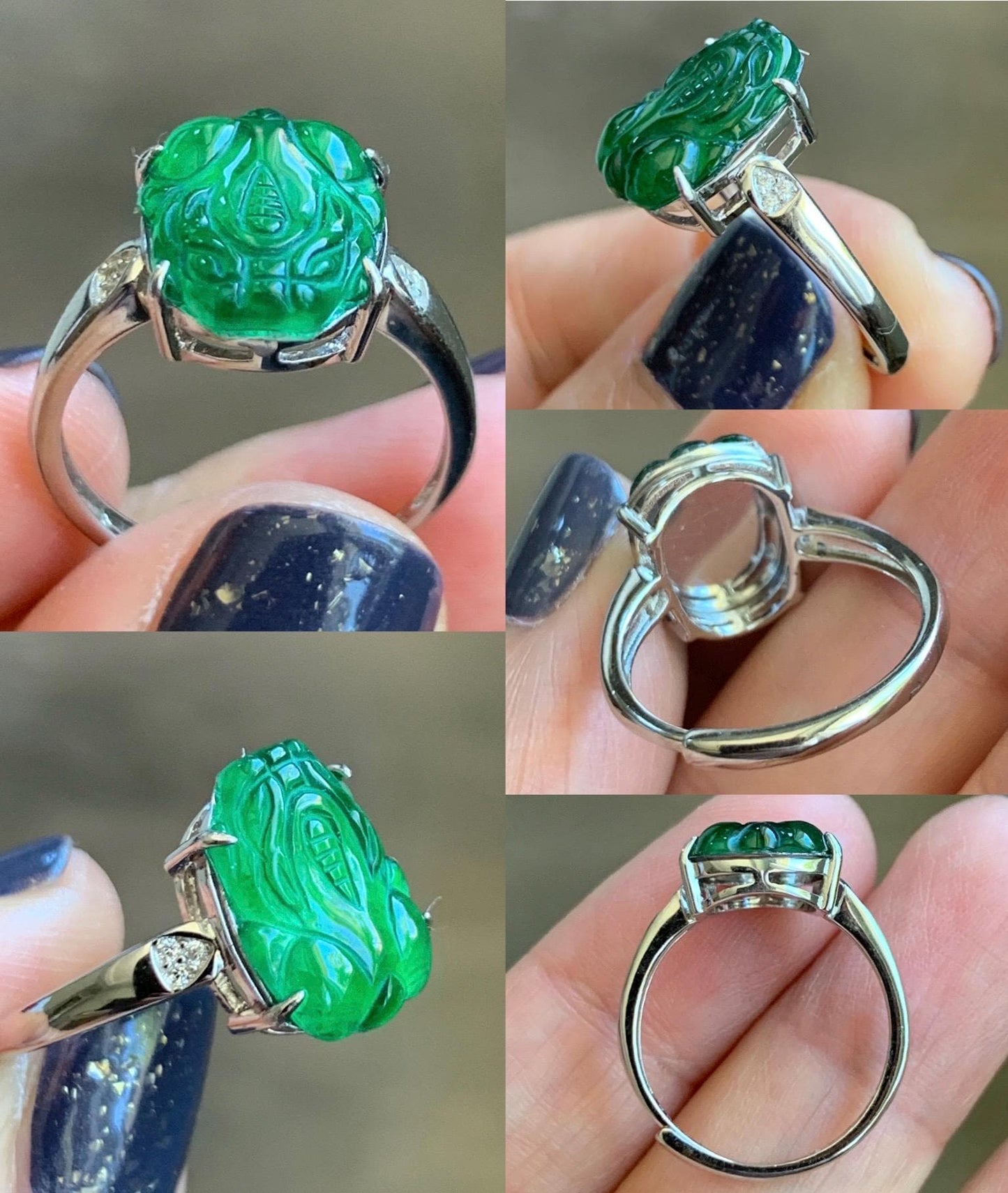 Natural Guatemalan Icy Translucent Vibrant Green Jadeite Carved Pixiu Ring S925 Sterling Silver Size 7 Adjustable 天然高冰危绿翡翠貔貅银镶戒指 WPX223-A