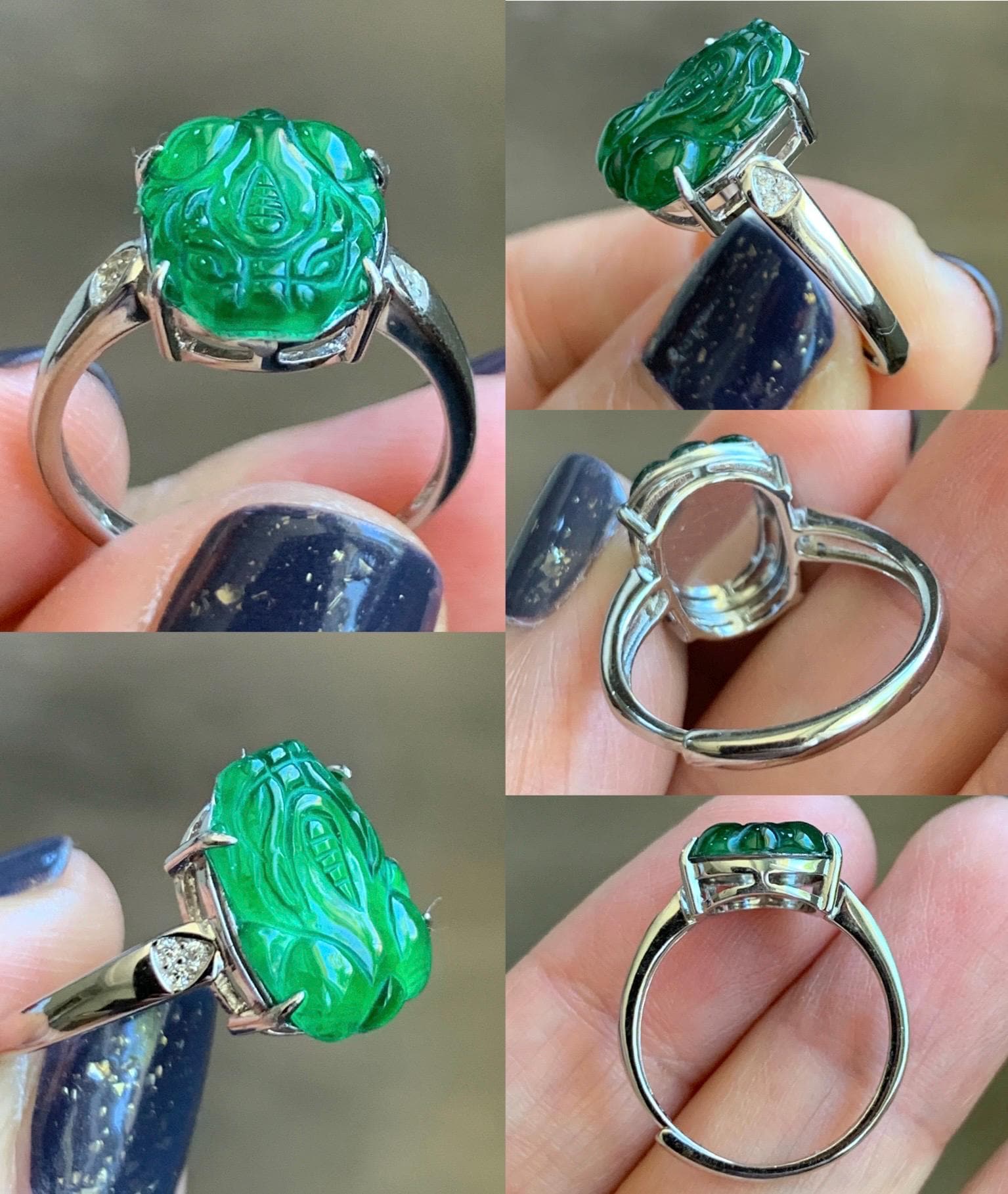 Natural Guatemalan Icy Translucent Vibrant Green Jadeite Carved Pixiu Ring S925 Sterling Silver Size 7 Adjustable 天然高冰危绿翡翠貔貅银镶戒指 WPX223-A