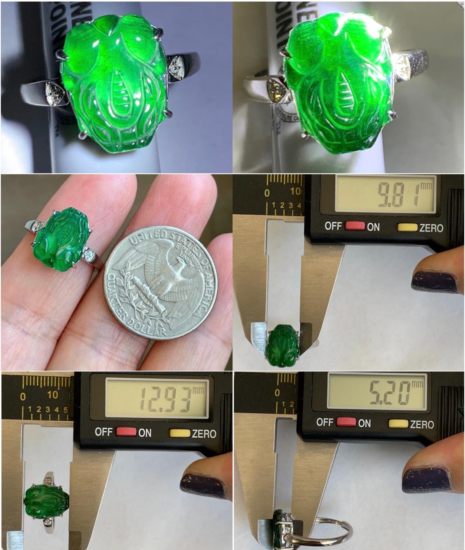 Natural Guatemalan Icy Translucent Vibrant Green Jadeite Carved Pixiu Ring S925 Sterling Silver Size 7 Adjustable 天然高冰危绿翡翠貔貅银镶戒指 WPX223-A