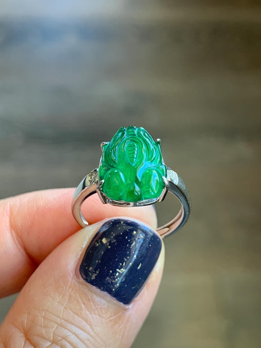 Natural Guatemalan Icy Translucent Vibrant Green Jadeite Carved Pixiu Ring S925 Sterling Silver Size 7 Adjustable 天然高冰危绿翡翠貔貅银镶戒指 WPX223-A
