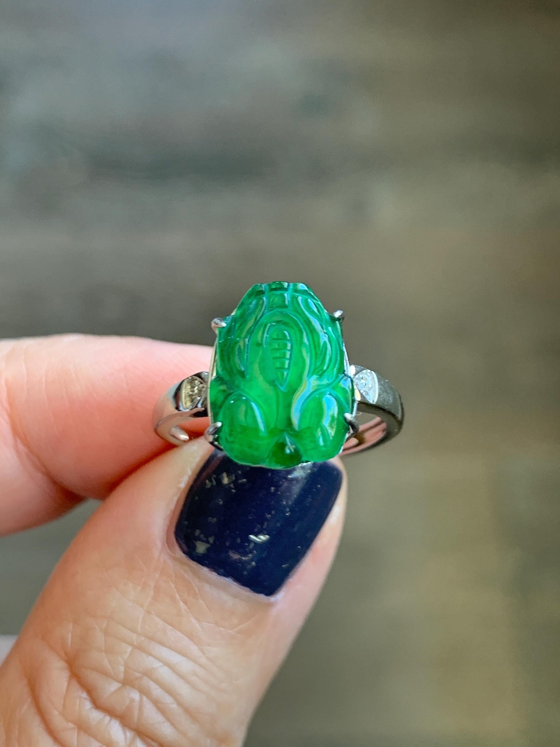Natural Guatemalan Icy Translucent Vibrant Green Jadeite Carved Pixiu Ring S925 Sterling Silver Size 7 Adjustable 天然高冰危绿翡翠貔貅银镶戒指 WPX223-A