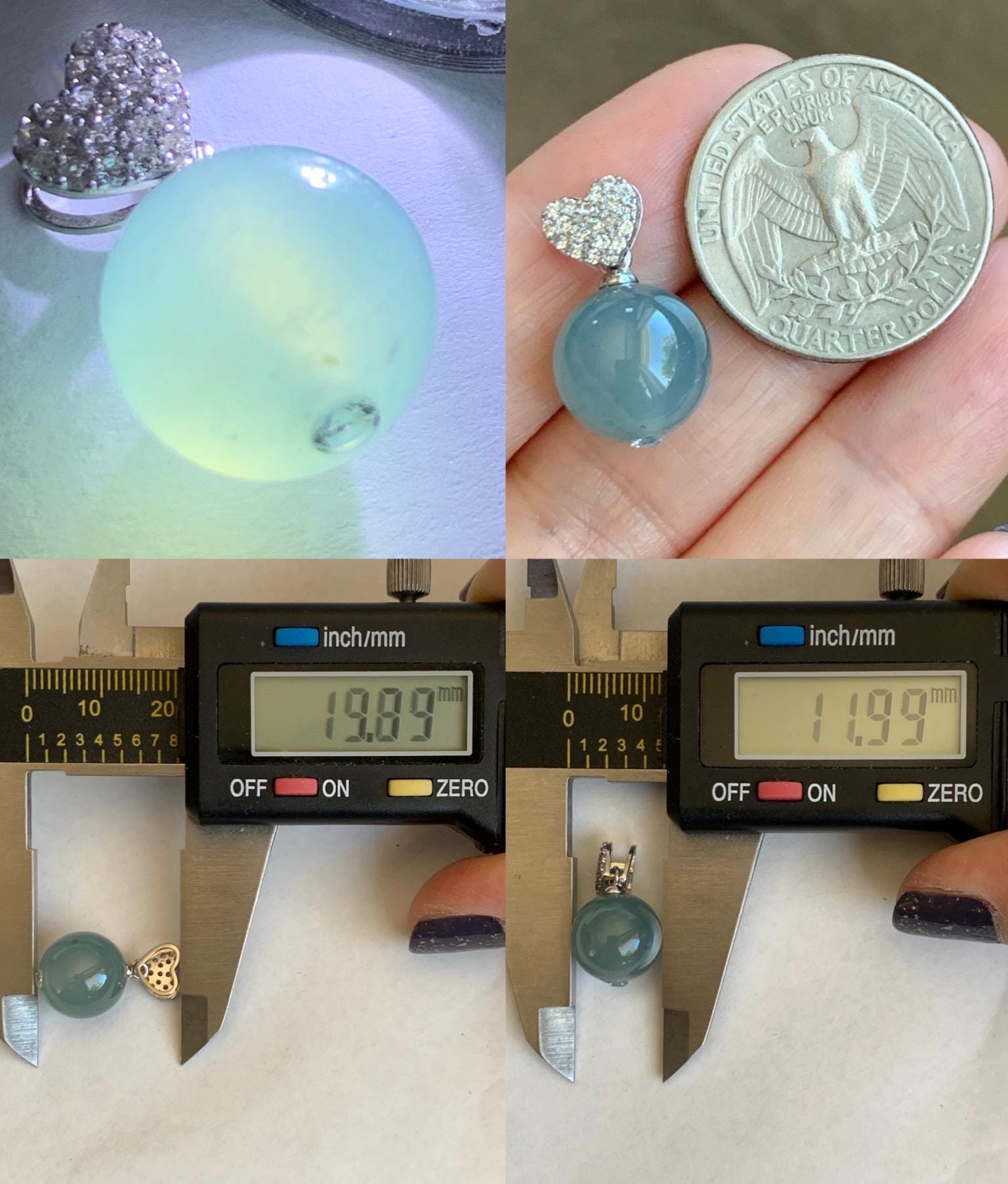 Natural Grade A Guatemalan Icy Highly Translucent Pastel Teal Blue Jade Jadeite Bead Sphere Pendant Sterling Silver 4g 天然冰危淡蓝翡翠单珠镶嵌吊坠 WTL150
