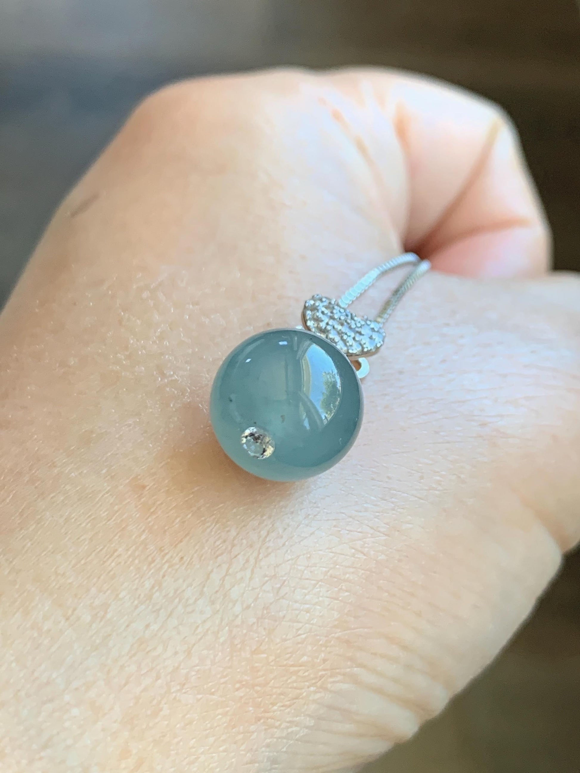 Natural Grade A Guatemalan Icy Highly Translucent Pastel Teal Blue Jade Jadeite Bead Sphere Pendant Sterling Silver 4g 天然冰危淡蓝翡翠单珠镶嵌吊坠 WTL150