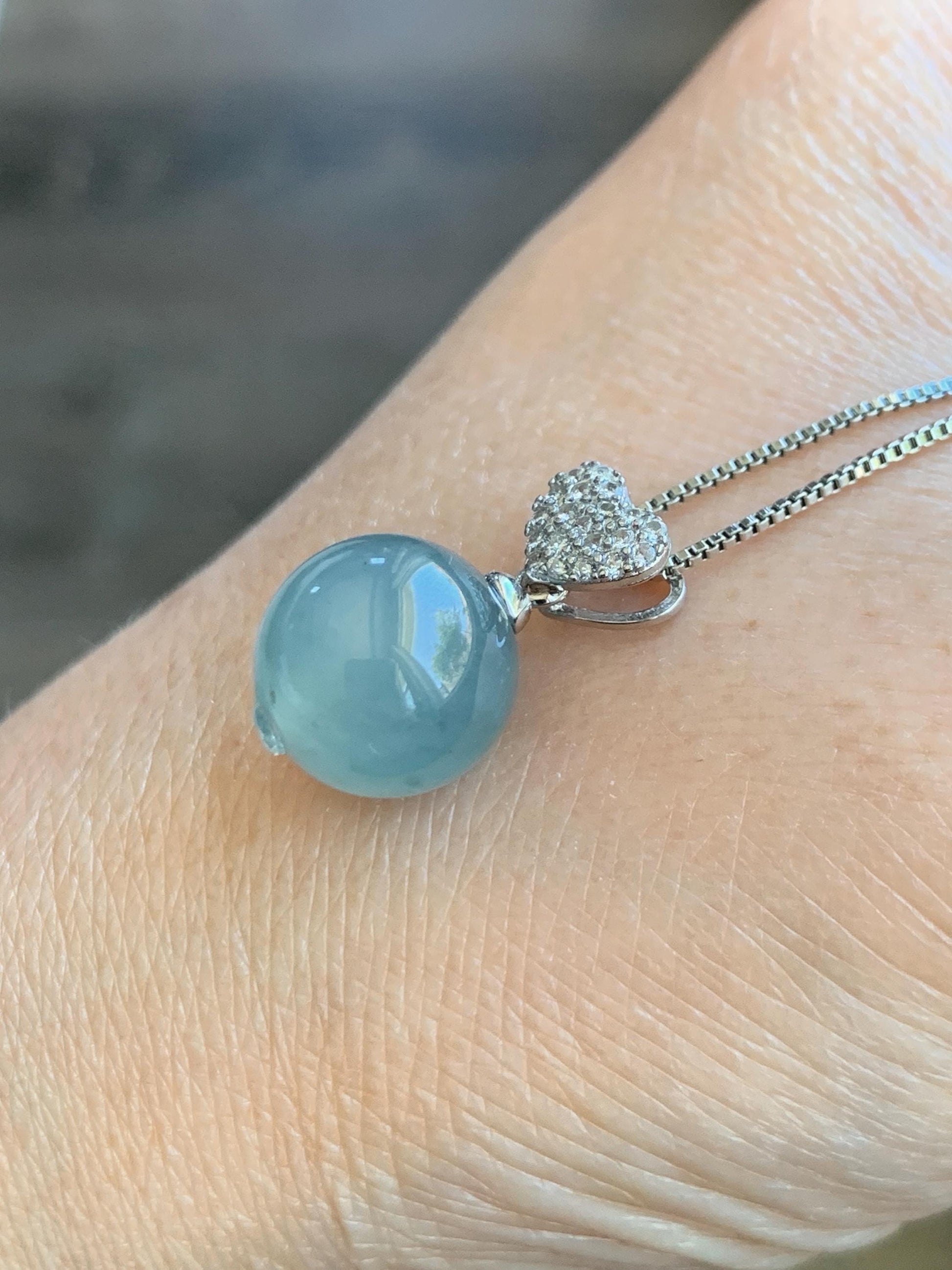 Natural Grade A Guatemalan Icy Highly Translucent Pastel Teal Blue Jade Jadeite Bead Sphere Pendant Sterling Silver 4g 天然冰危淡蓝翡翠单珠镶嵌吊坠 WTL150