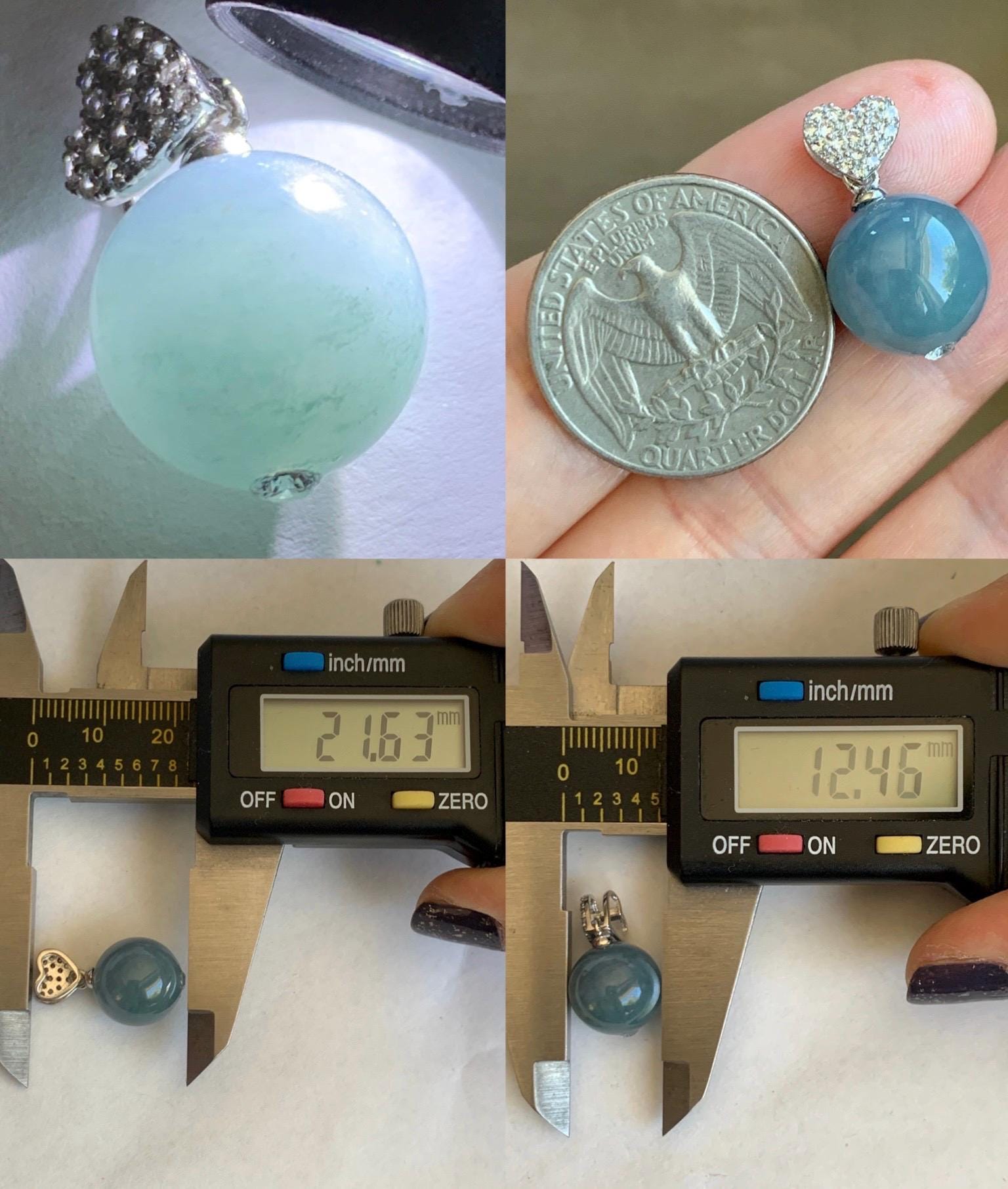 Natural Grade A Guatemalan Icy Translucent Dusty Teal Blue Jade Jadeite Bead Sphere Pendant Sterling Silver 4g 天然冰危蓝翡翠单珠镶嵌吊坠 WLZ75