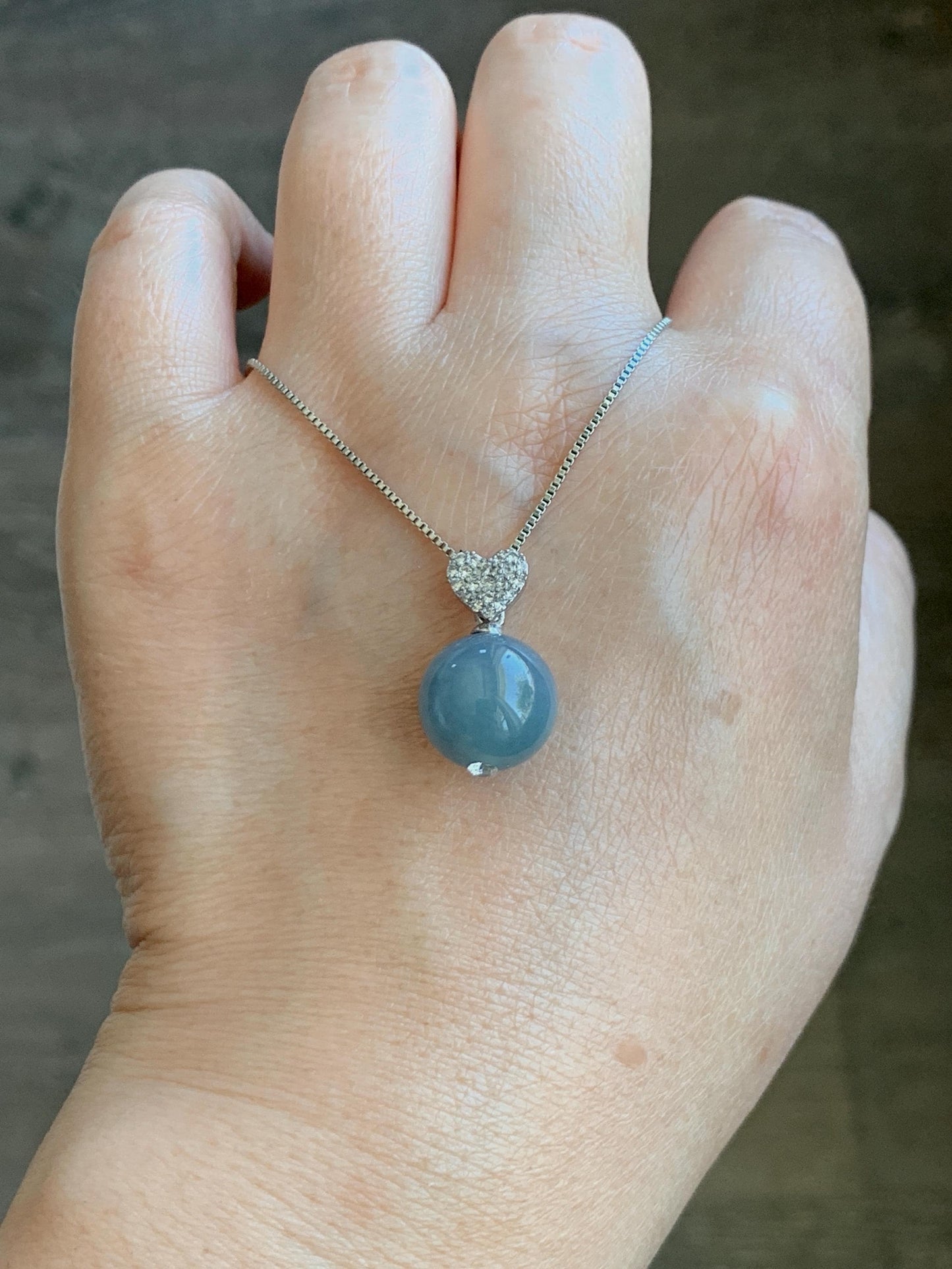 Natural Grade A Guatemalan Icy Translucent Dusty Teal Blue Jade Jadeite Bead Sphere Pendant Sterling Silver 4g 天然冰危蓝翡翠单珠镶嵌吊坠 WLZ75