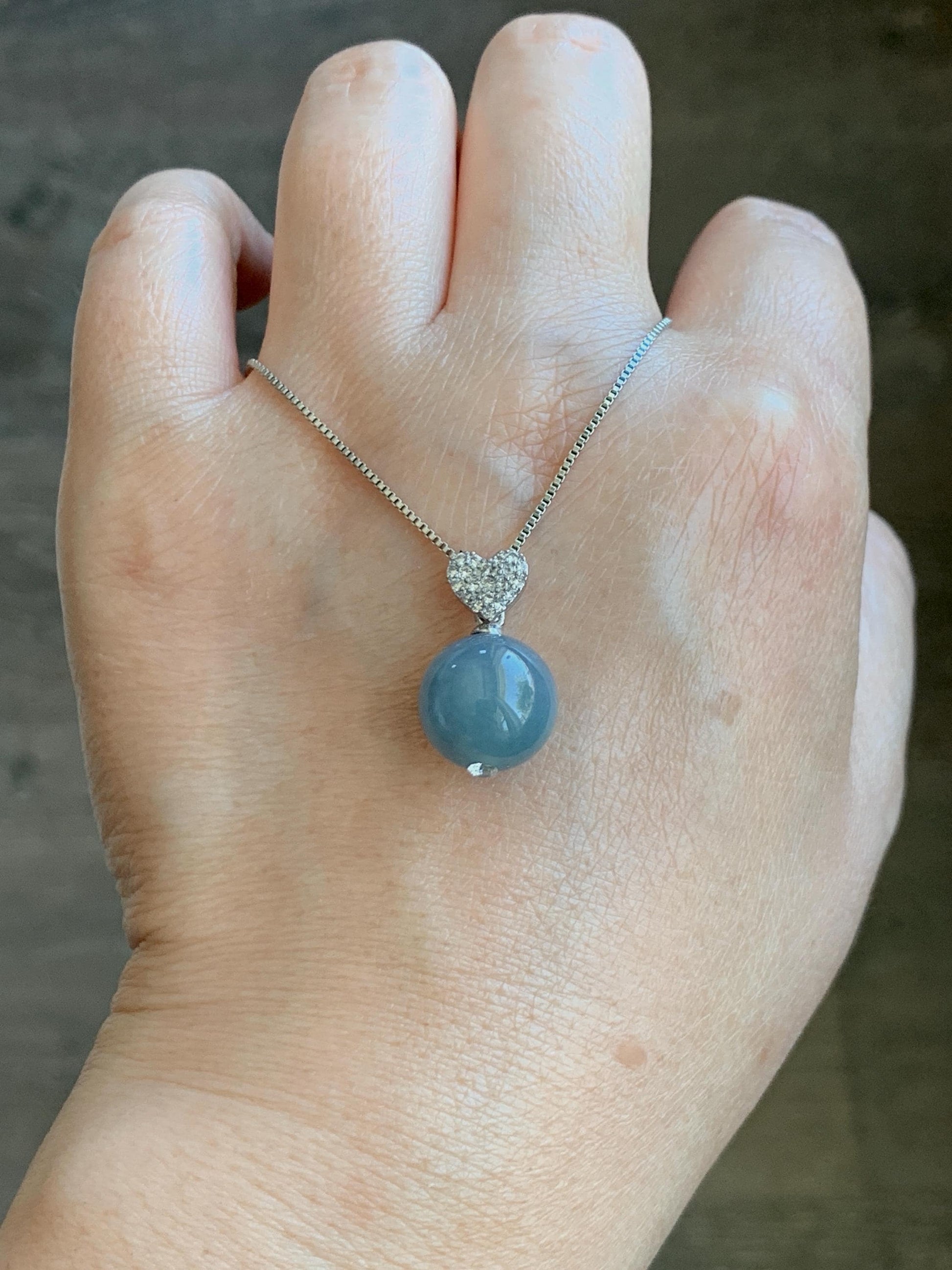 Natural Grade A Guatemalan Icy Translucent Dusty Teal Blue Jade Jadeite Bead Sphere Pendant Sterling Silver 4g 天然冰危蓝翡翠单珠镶嵌吊坠 WLZ75