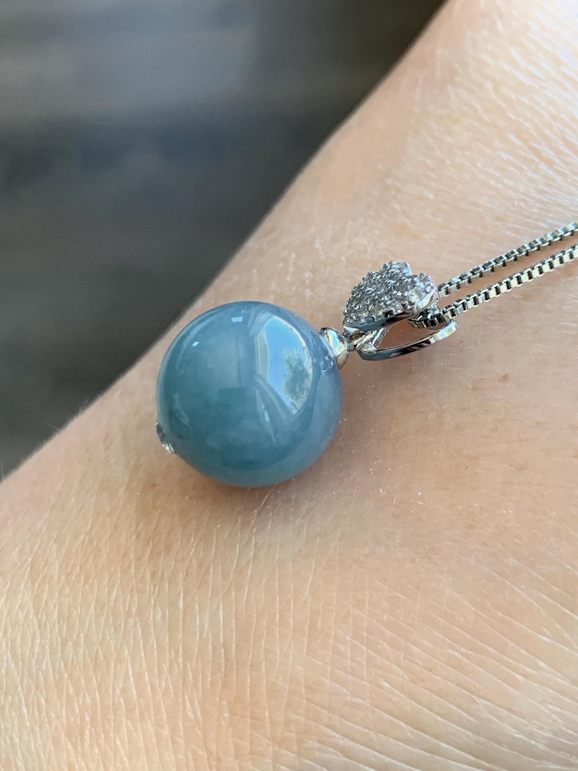 Natural Grade A Guatemalan Icy Translucent Dusty Teal Blue Jade Jadeite Bead Sphere Pendant Sterling Silver 4g 天然冰危蓝翡翠单珠镶嵌吊坠 WLZ75