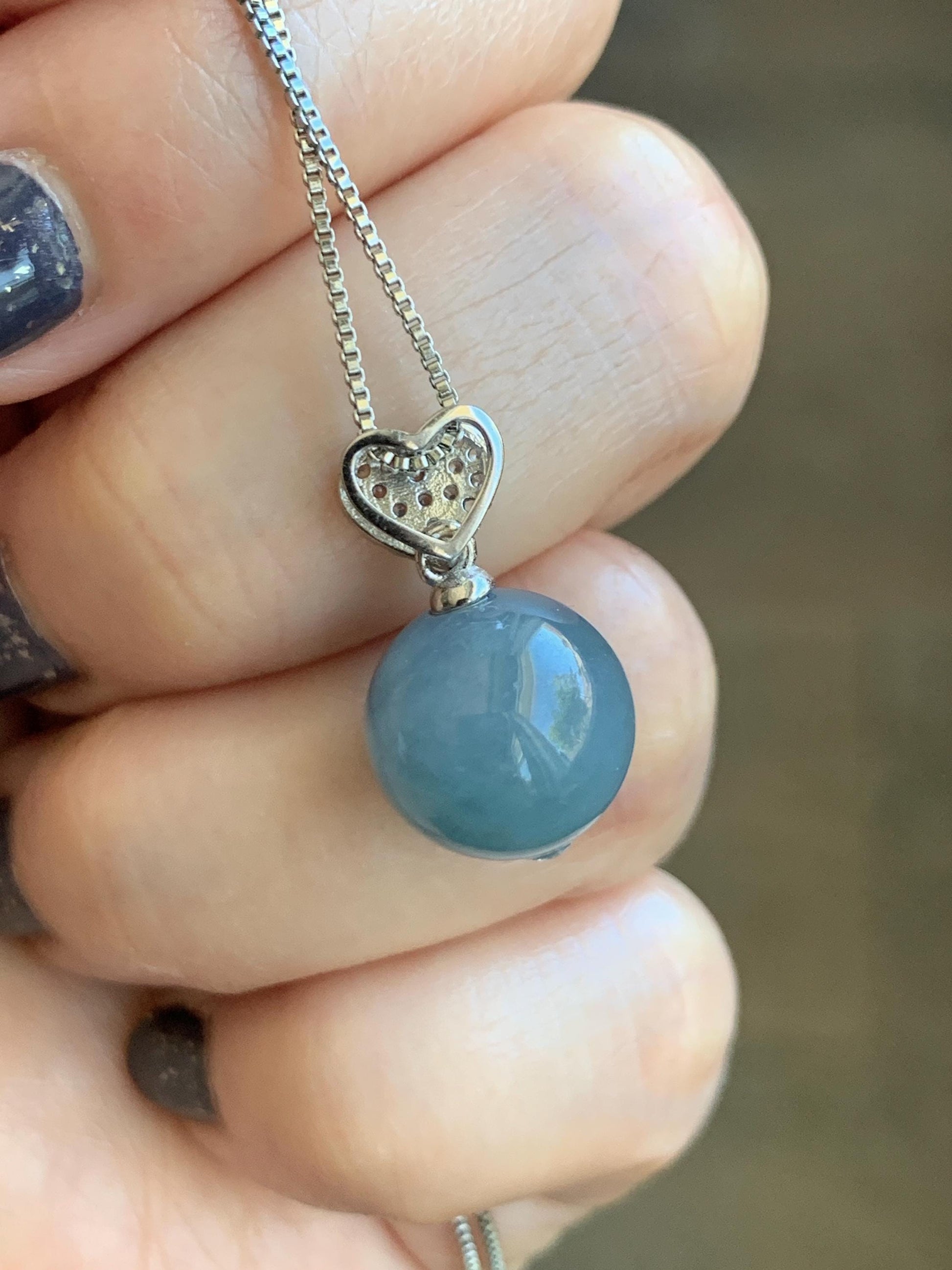 Natural Grade A Guatemalan Icy Translucent Dusty Teal Blue Jade Jadeite Bead Sphere Pendant Sterling Silver 4g 天然冰危蓝翡翠单珠镶嵌吊坠 WLZ75