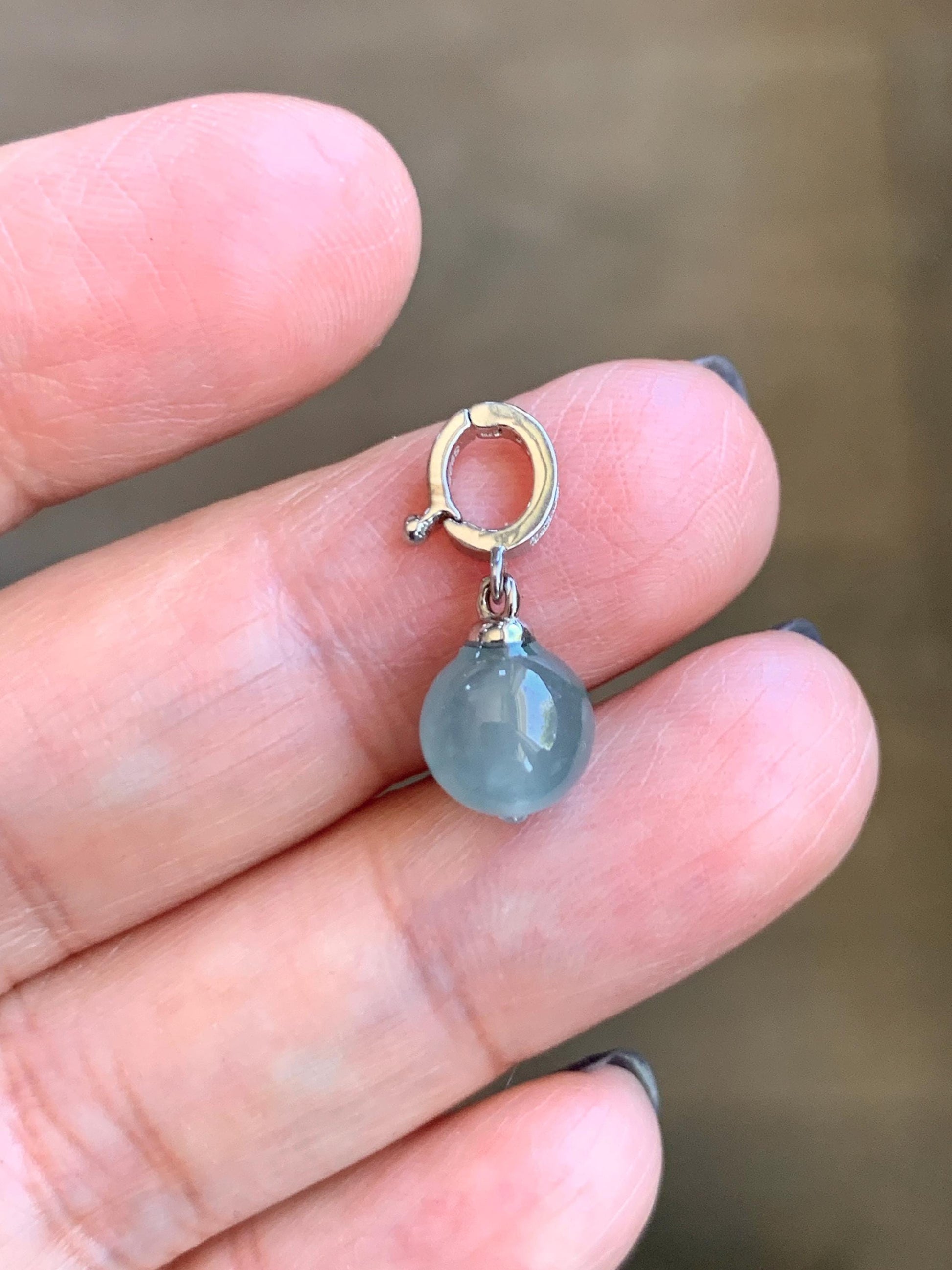 Natural Grade A Guatemalan Icy Highly Translucent Light Teal Blue Jade Jadeite Bead Sphere Pendant Sterling Silver 天然冰危浅蓝绿翡翠单珠镶嵌吊坠 QWL138
