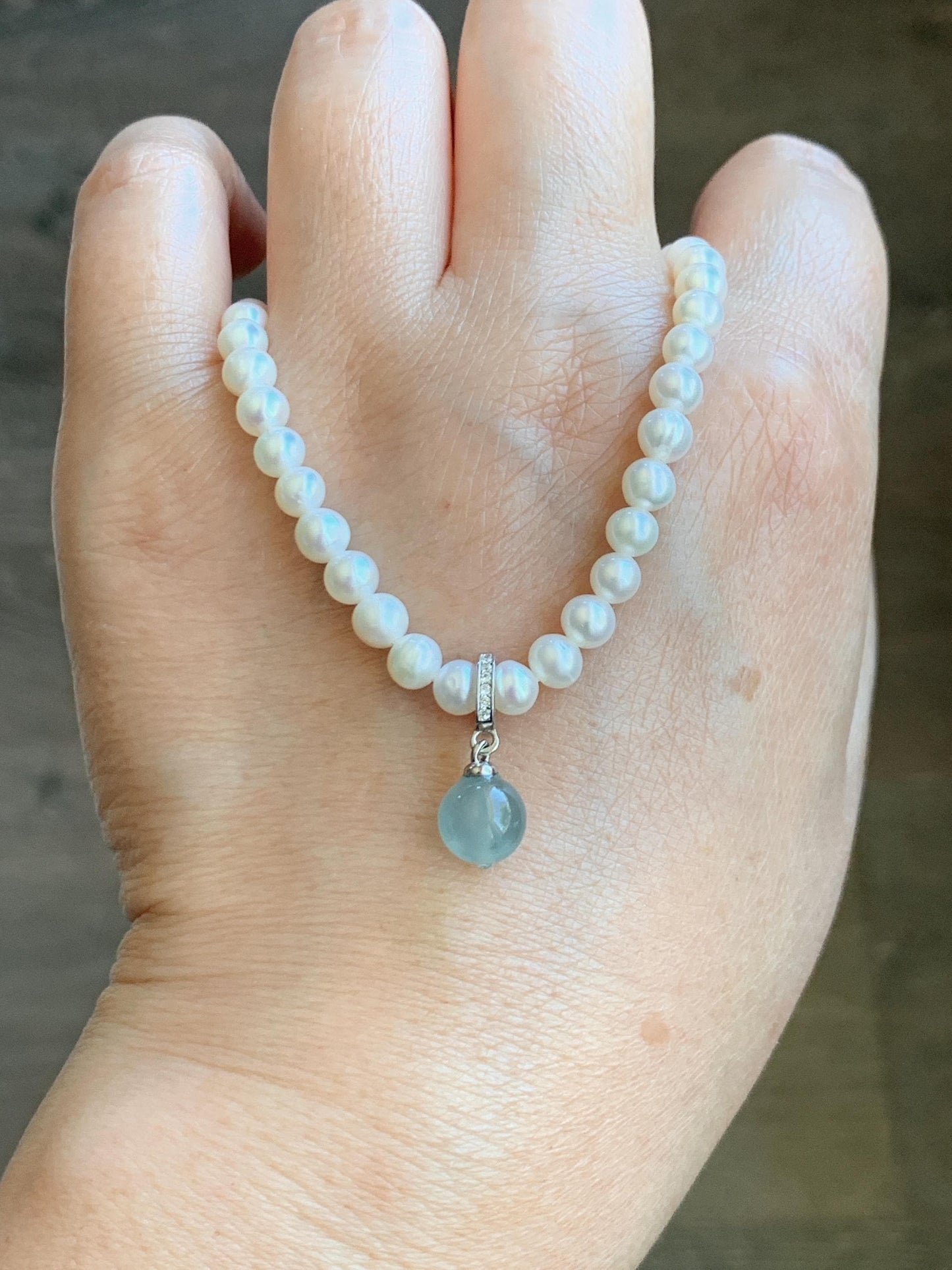 Natural Grade A Guatemalan Icy Highly Translucent Light Teal Blue Jade Jadeite Bead Sphere Pendant Sterling Silver 天然冰危浅蓝绿翡翠单珠镶嵌吊坠 QWL138