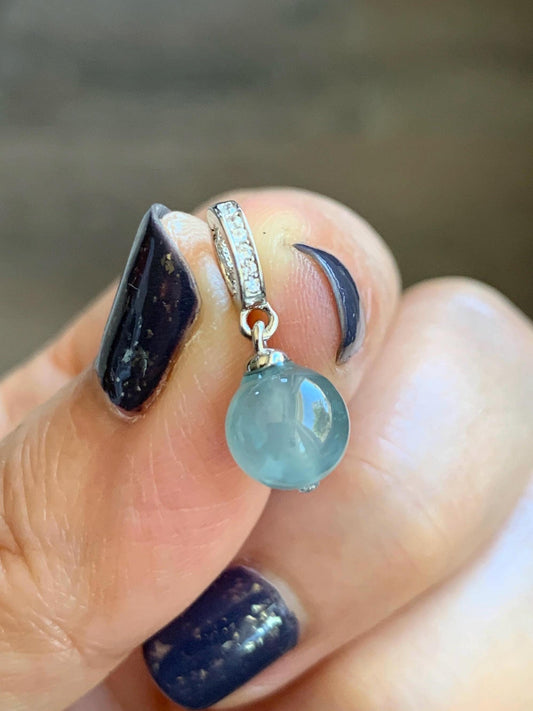 Natural Grade A Guatemalan Icy Highly Translucent Light Teal Blue Jade Jadeite Bead Sphere Pendant Sterling Silver 天然冰危浅蓝绿翡翠单珠镶嵌吊坠 QWL138