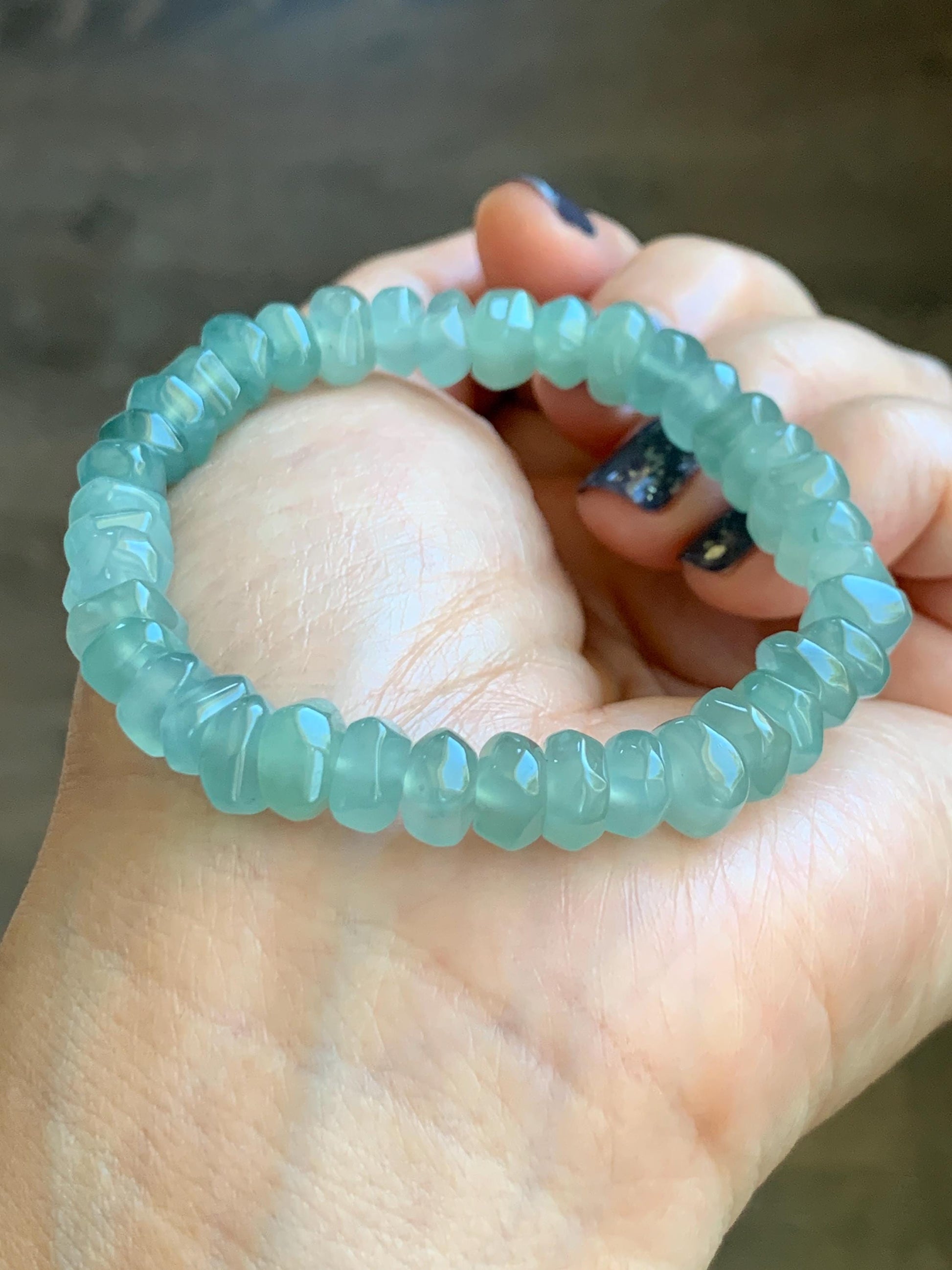 Natural Grade A Guatemalan Icy Highly Translucent Light Teal Jadeite Pomegranate Nugget Beads Beaded Bracelet 6.75” 天然冰危浅蓝绿翡翠随形珠手串 WSS350