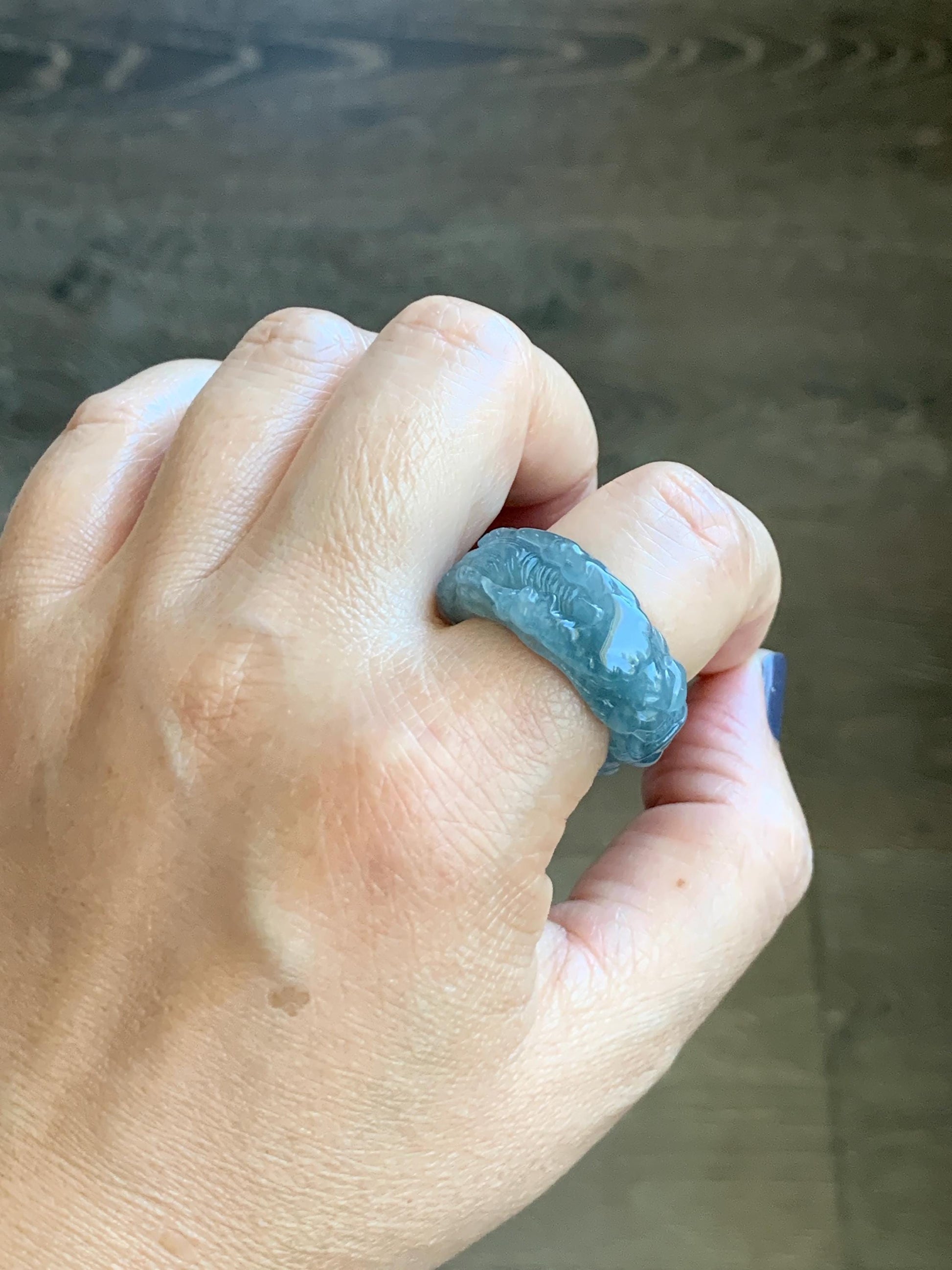 Natural Grade A Guatemalan Icy Translucent Dusty Teal Blue Jade Jadeite Carved Dragon Band Ring size 9.5 US 10g 天然冰胶危蓝翡翠盘龙戒圈戒指扳指 TSW563C