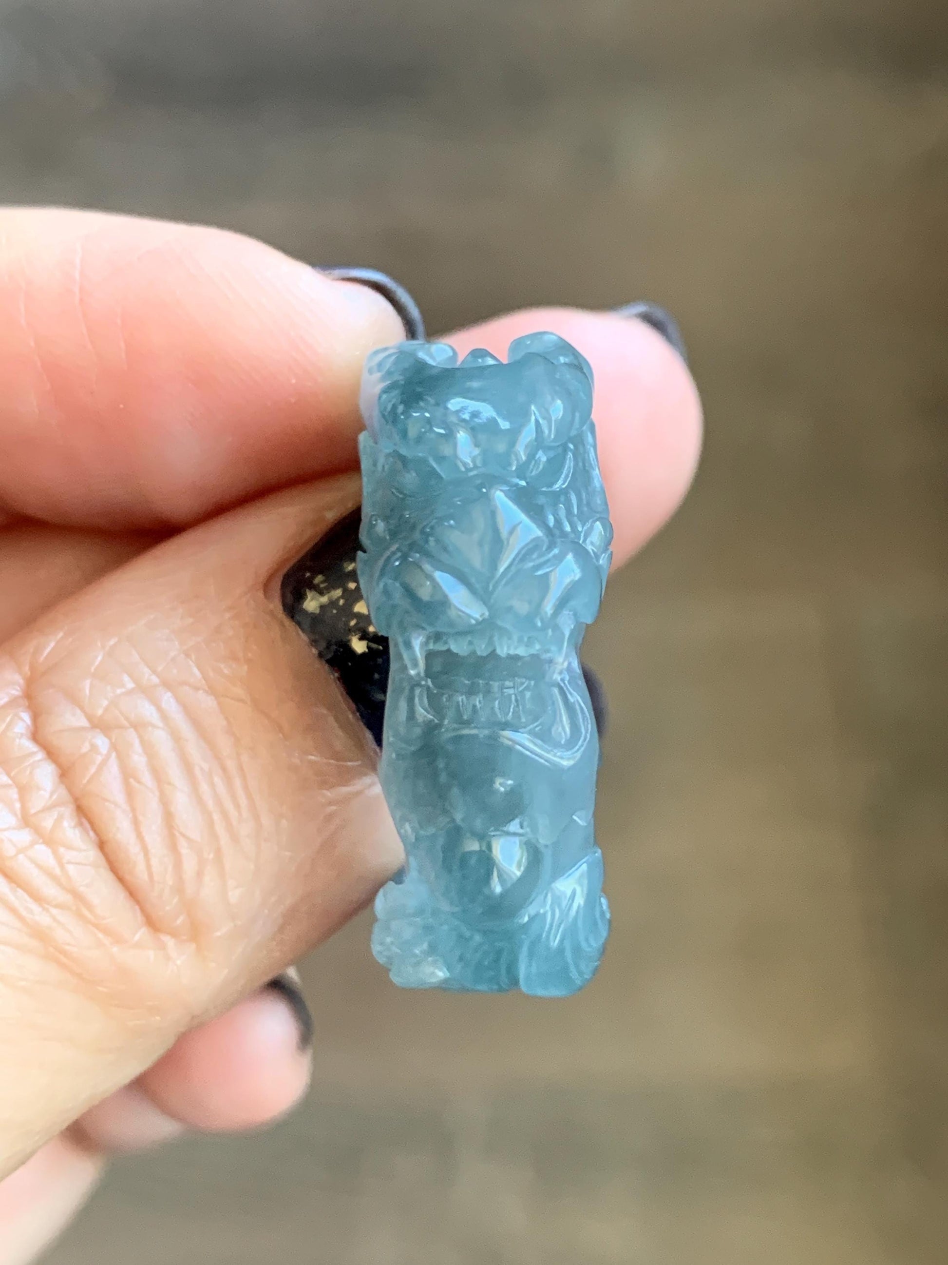 Natural Grade A Guatemalan Icy Translucent Dusty Teal Blue Jade Jadeite Carved Dragon Band Ring size 9.5 US 10g 天然冰胶危蓝翡翠盘龙戒圈戒指扳指 TSW563C