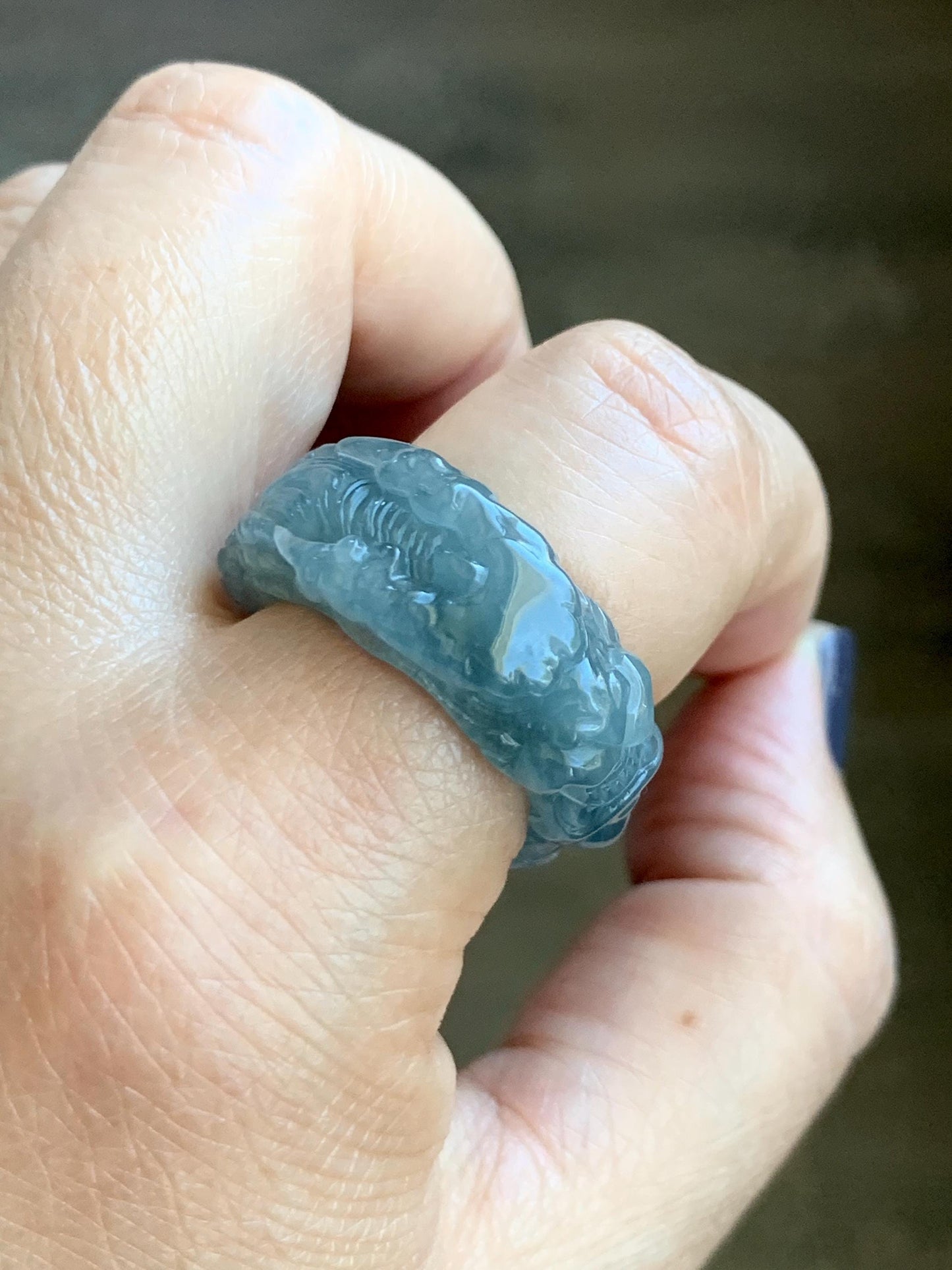 Natural Grade A Guatemalan Icy Translucent Dusty Teal Blue Jade Jadeite Carved Dragon Band Ring size 9.5 US 10g 天然冰胶危蓝翡翠盘龙戒圈戒指扳指 TSW563C