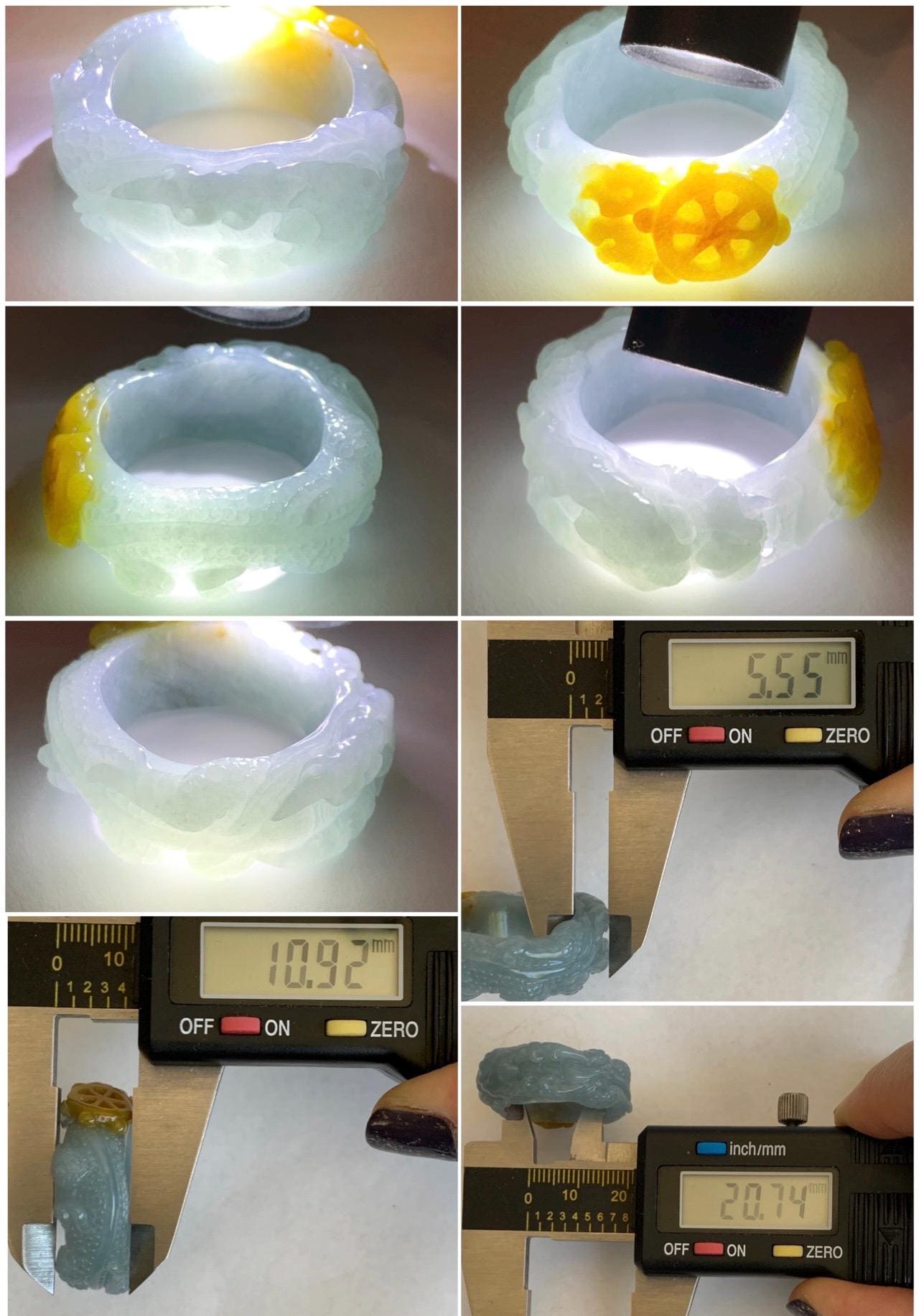 Natural Grade A Guatemalan Icy Translucent Dusty Blue Yellow Marbled Jadeite Carved Dragon Band Ring size 11 US 天然冰胶危浅蓝飘黄翡翠盘龙戒圈戒指扳指 TSW563B