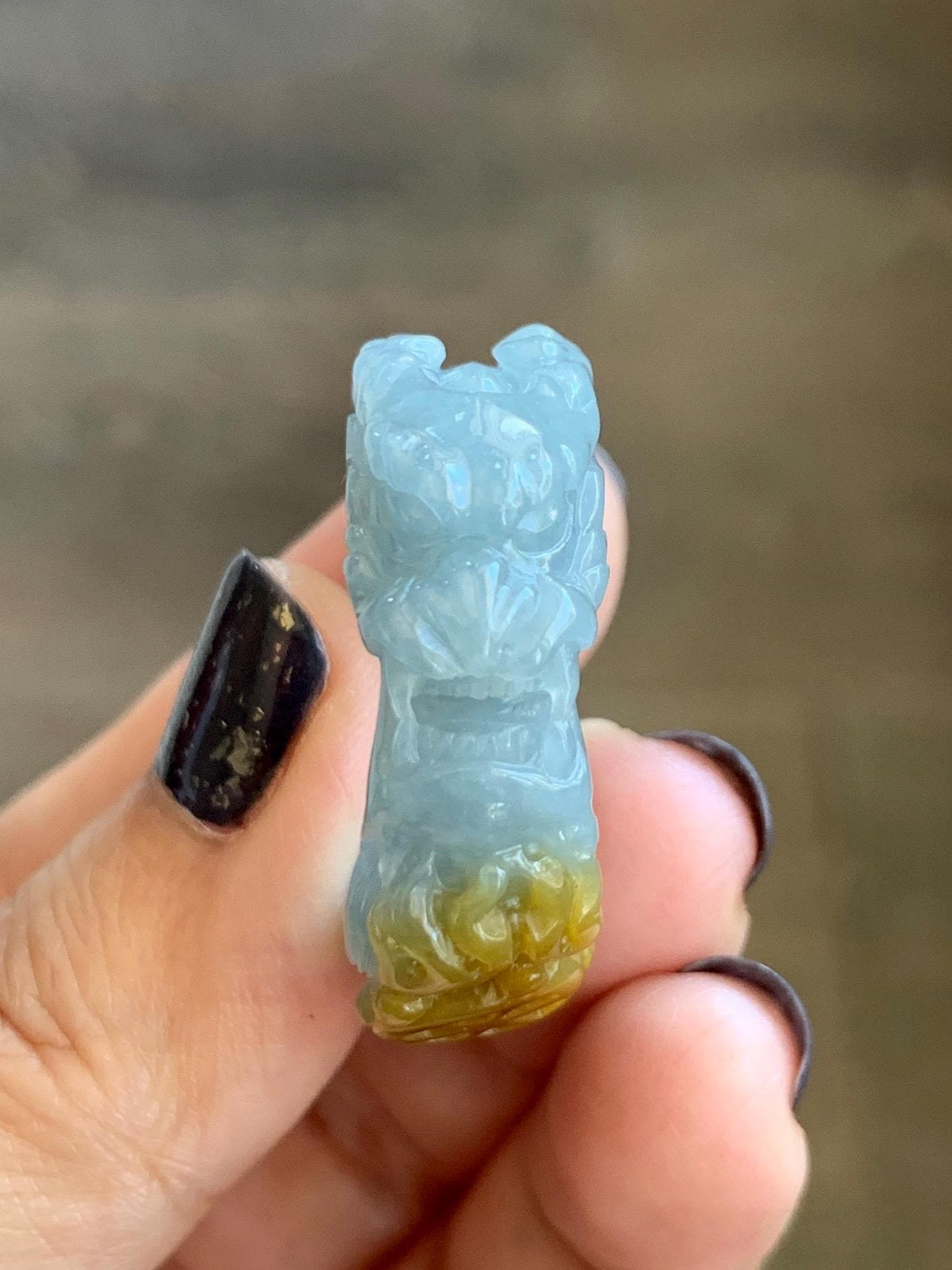 Natural Grade A Guatemalan Icy Translucent Dusty Blue Yellow Marbled Jadeite Carved Dragon Band Ring size 11 US 天然冰胶危浅蓝飘黄翡翠盘龙戒圈戒指扳指 TSW563B