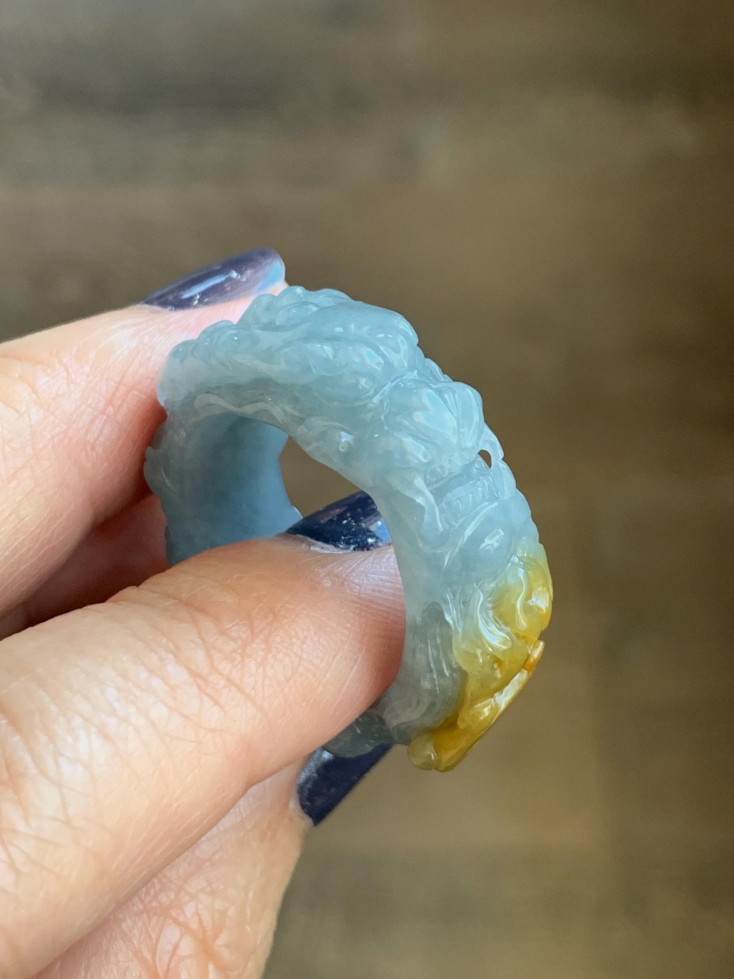 Natural Grade A Guatemalan Icy Translucent Dusty Blue Yellow Marbled Jadeite Carved Dragon Band Ring size 11 US 天然冰胶危浅蓝飘黄翡翠盘龙戒圈戒指扳指 TSW563B