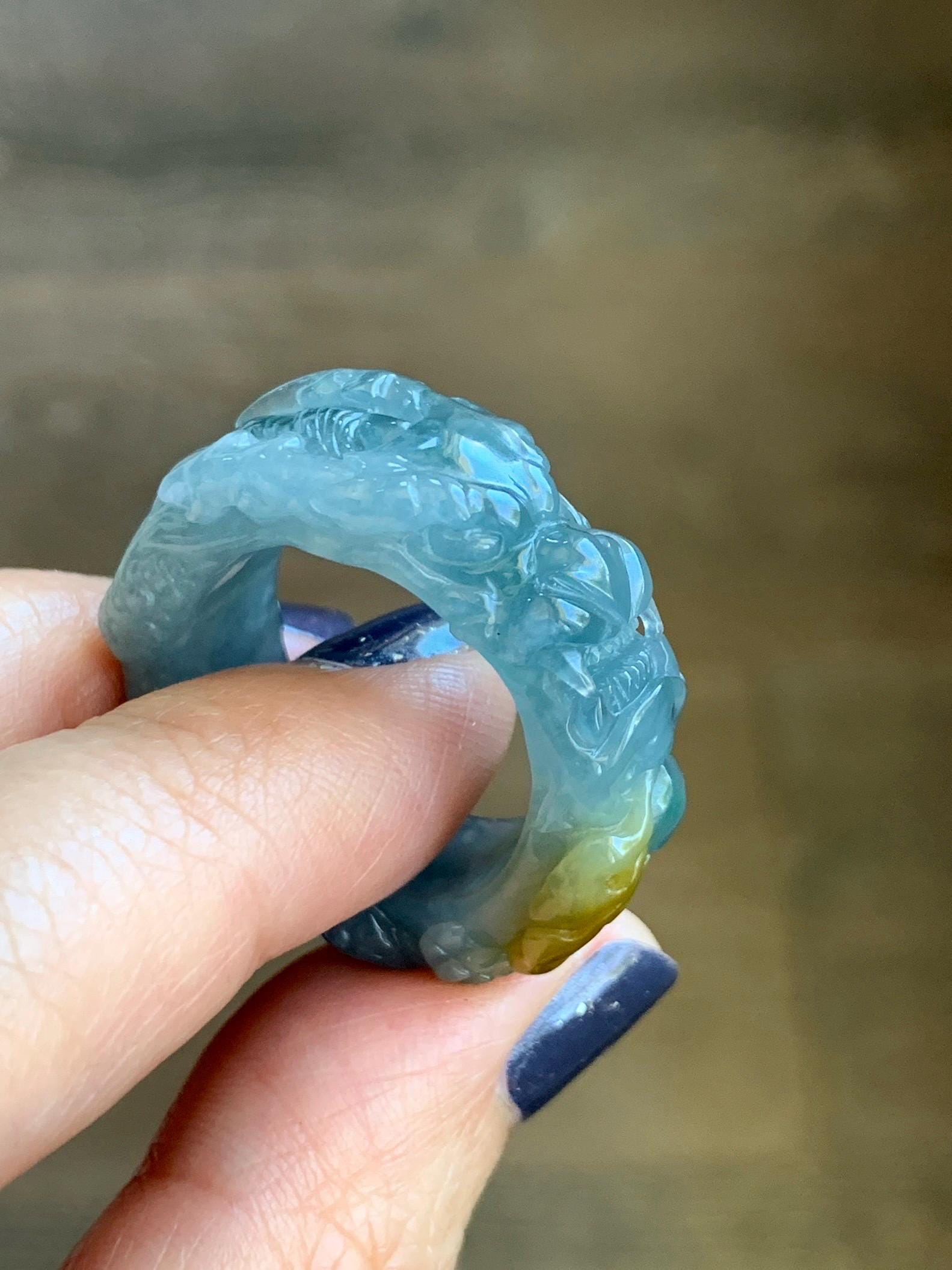 Natural Grade A Guatemalan Icy Translucent Teal Blue Yellow Marbled Jadeite Carved Dragon Band Ring size 11 US 天然冰胶危浅蓝飘黄翡翠盘龙戒圈戒指扳指 TSW563A