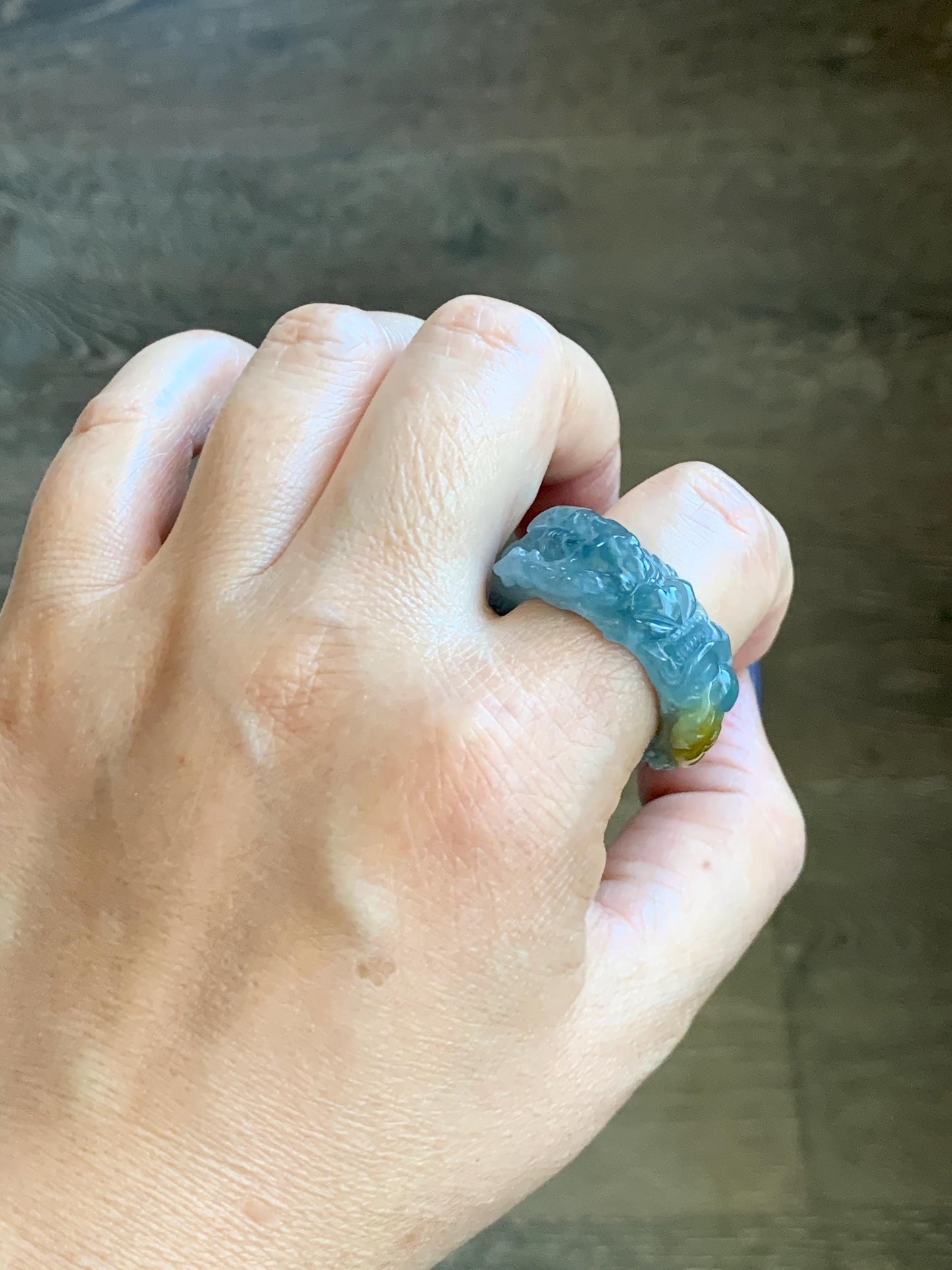 Natural Grade A Guatemalan Icy Translucent Teal Blue Yellow Marbled Jadeite Carved Dragon Band Ring size 11 US 天然冰胶危浅蓝飘黄翡翠盘龙戒圈戒指扳指 TSW563A