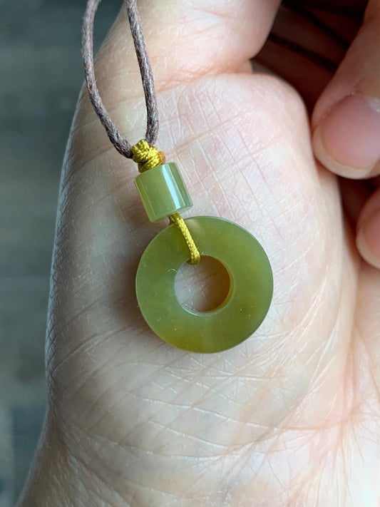 Certified Natural Grade A Guatemalan Icy Translucent Vibrant Yellow Jade Jadeite Ping An Kou Donut Pendant Rope Necklace 天然冰危满黄翡翠平安扣吊坠 8737
