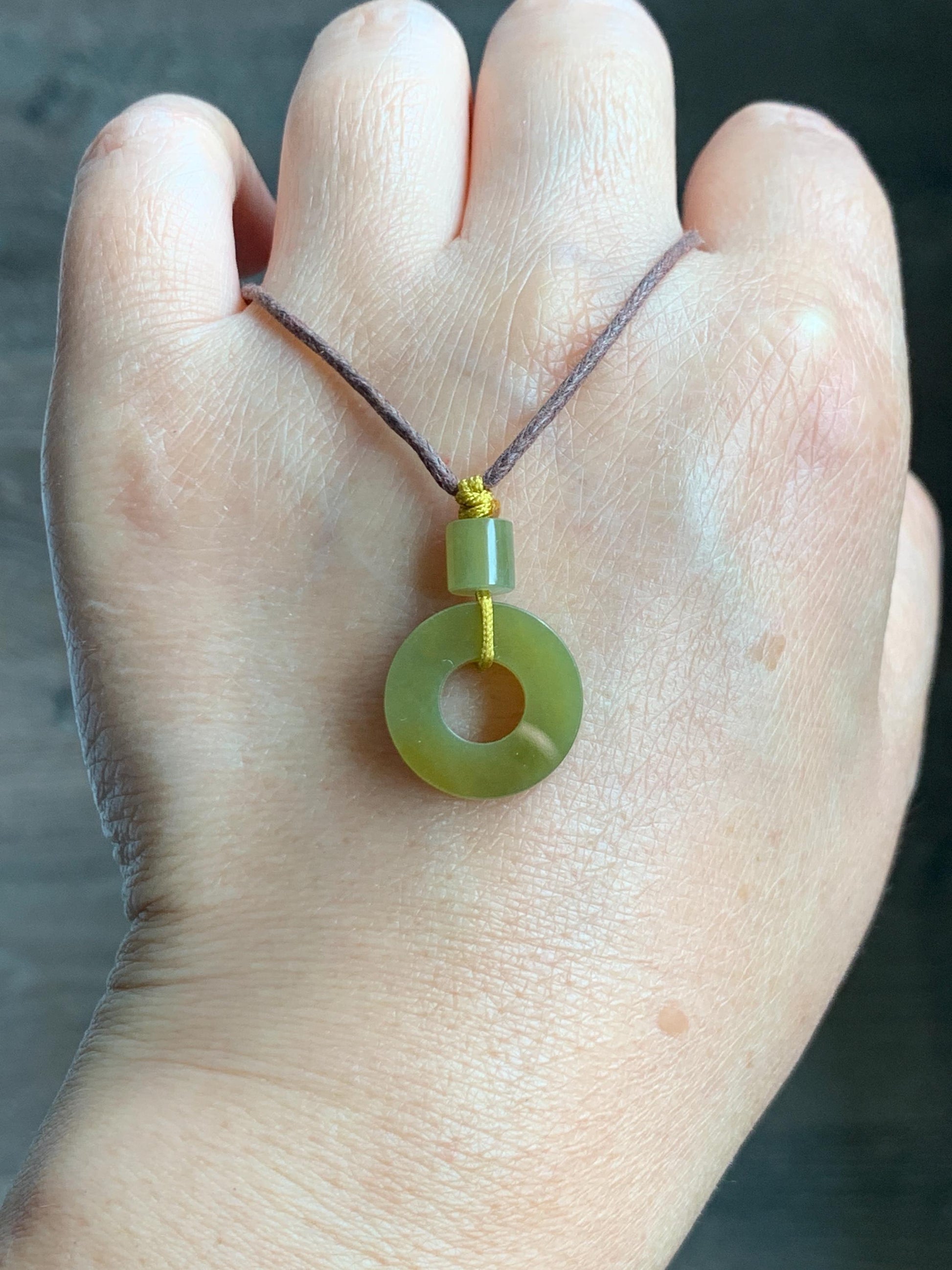 Certified Natural Grade A Guatemalan Icy Translucent Vibrant Yellow Jade Jadeite Ping An Kou Donut Pendant Rope Necklace 天然冰危满黄翡翠平安扣吊坠 8737
