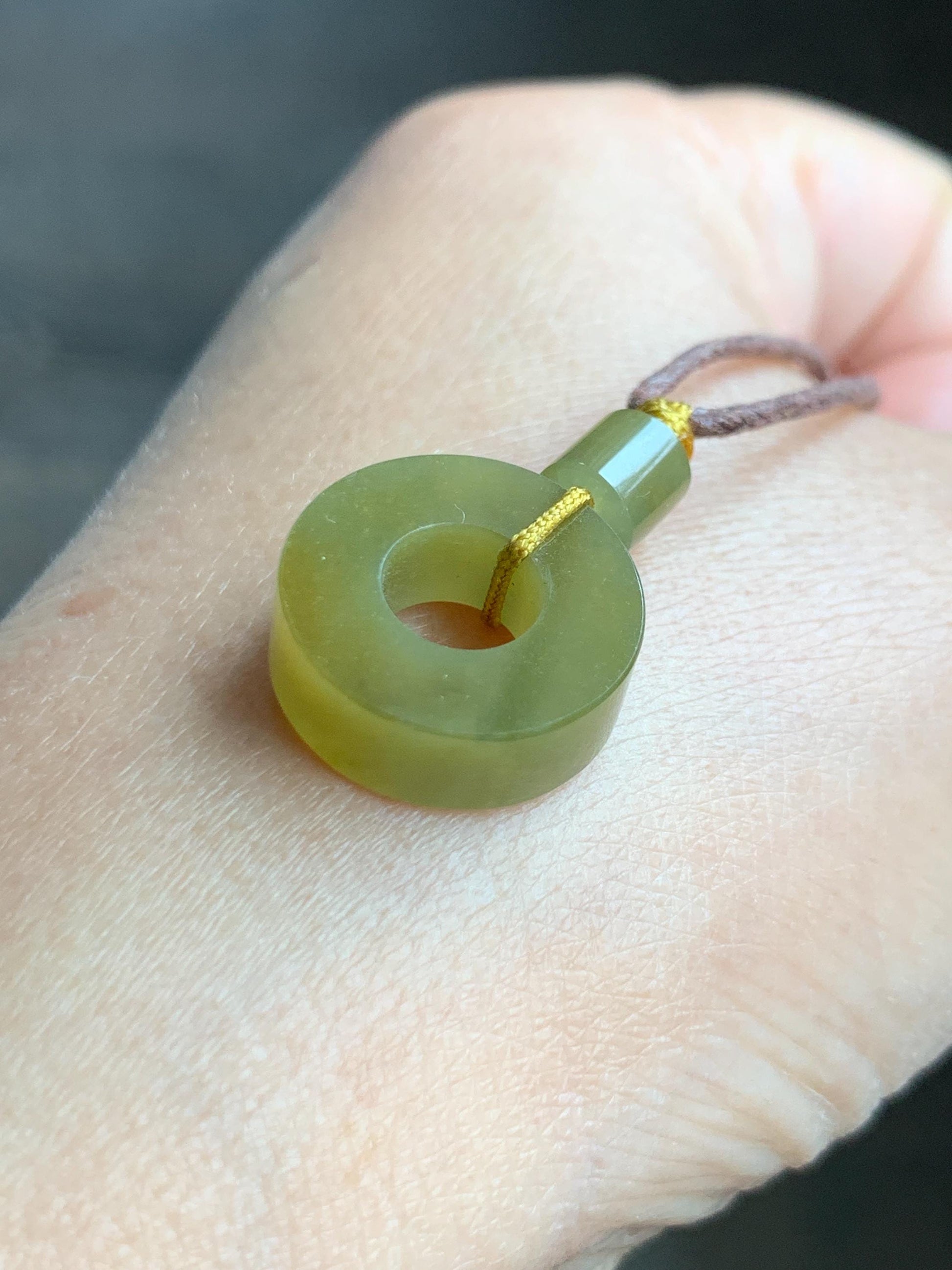 Certified Natural Grade A Guatemalan Icy Translucent Vibrant Yellow Jade Jadeite Ping An Kou Donut Pendant Rope Necklace 天然冰危满黄翡翠平安扣吊坠 8737