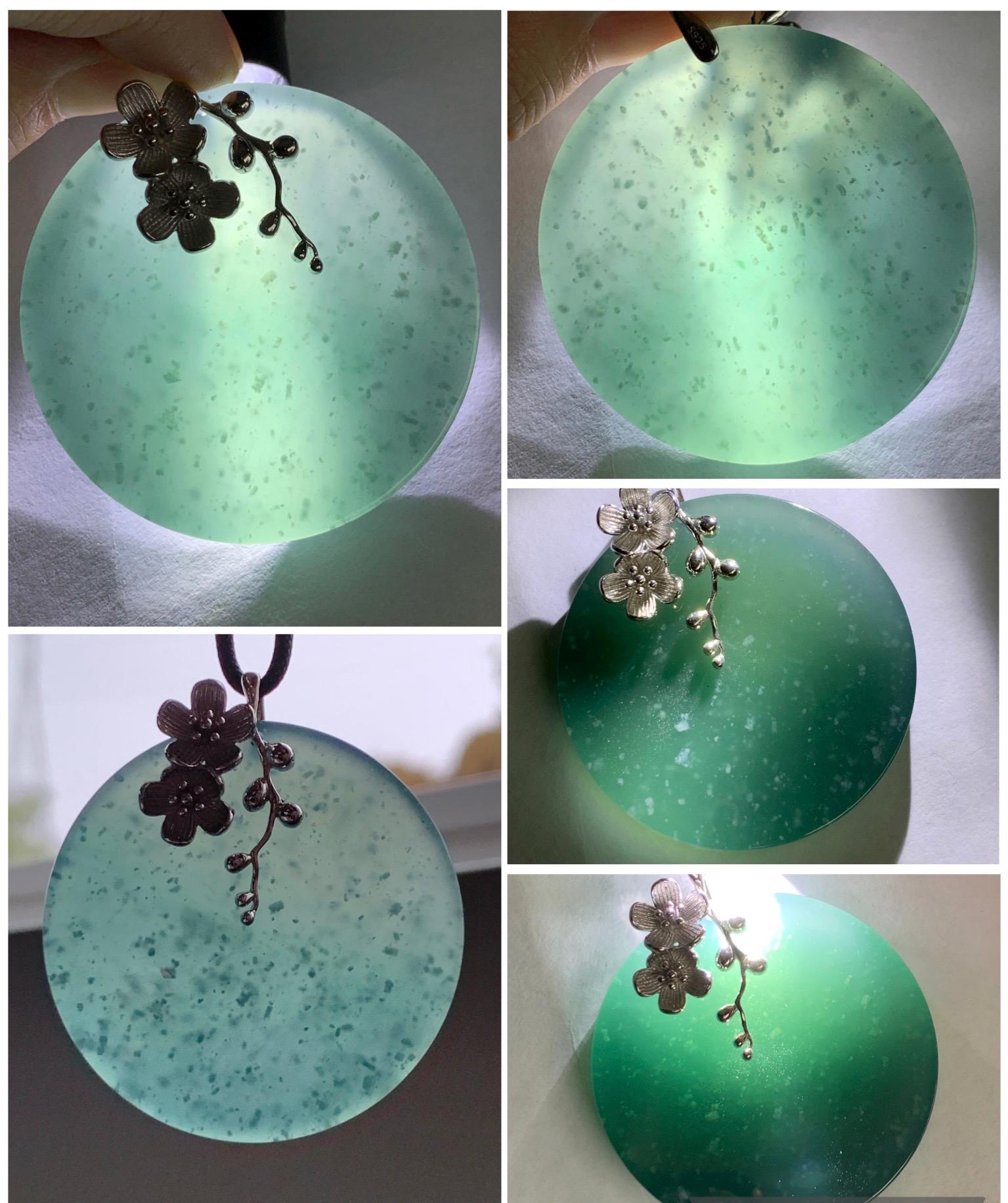 Certified Natural Guatemalan Icy Translucent Dark Teal Blue Jade Jadeite Wu Shi Pai Large Pendant Sterling Silver 天然老种冰危深蓝绿翡翠无事牌梅花吊坠 8738