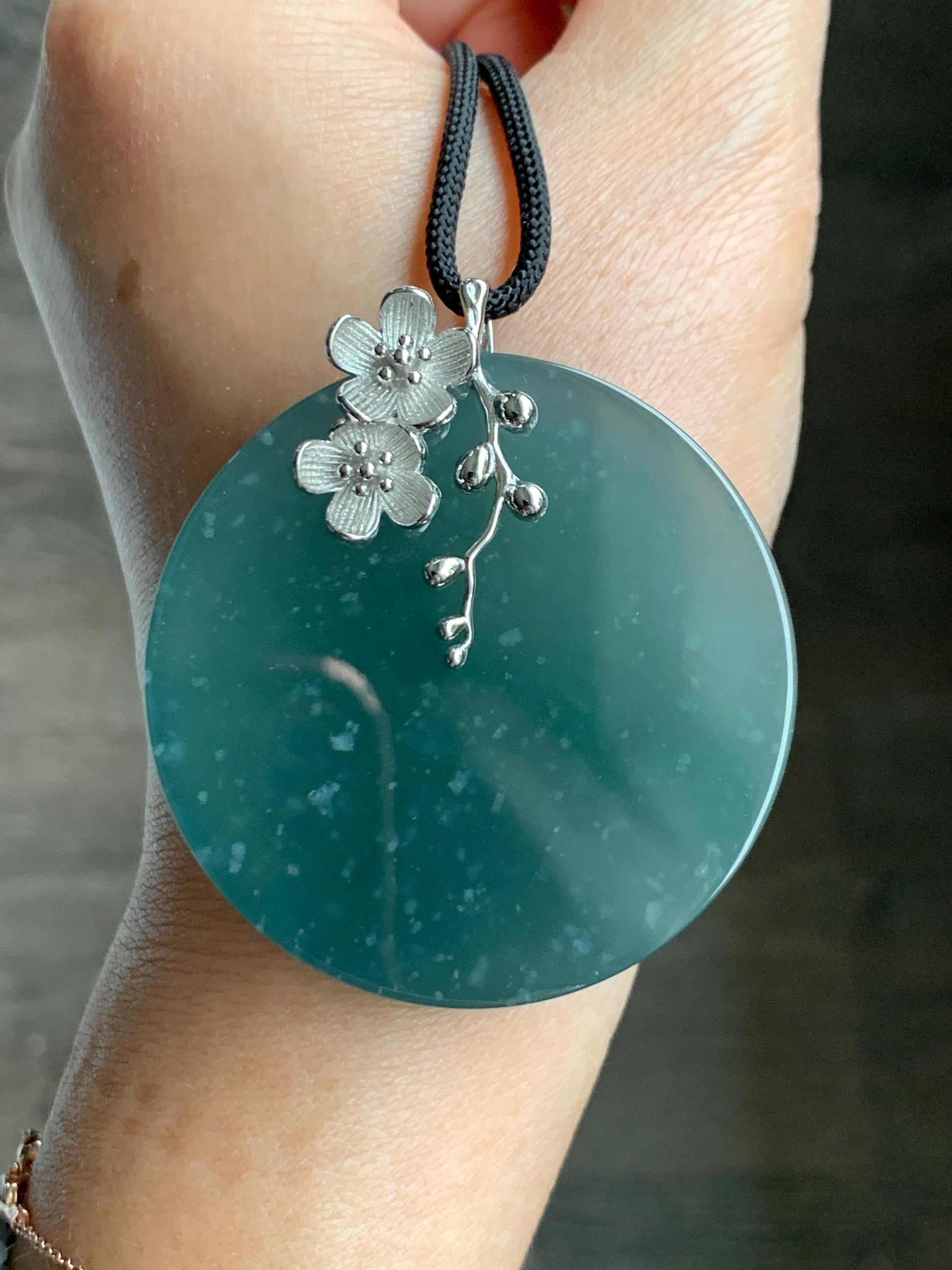 Certified Natural Guatemalan Icy Translucent Dark Teal Blue Jade Jadeite Wu Shi Pai Large Pendant Sterling Silver 天然老种冰危深蓝绿翡翠无事牌梅花吊坠 8738