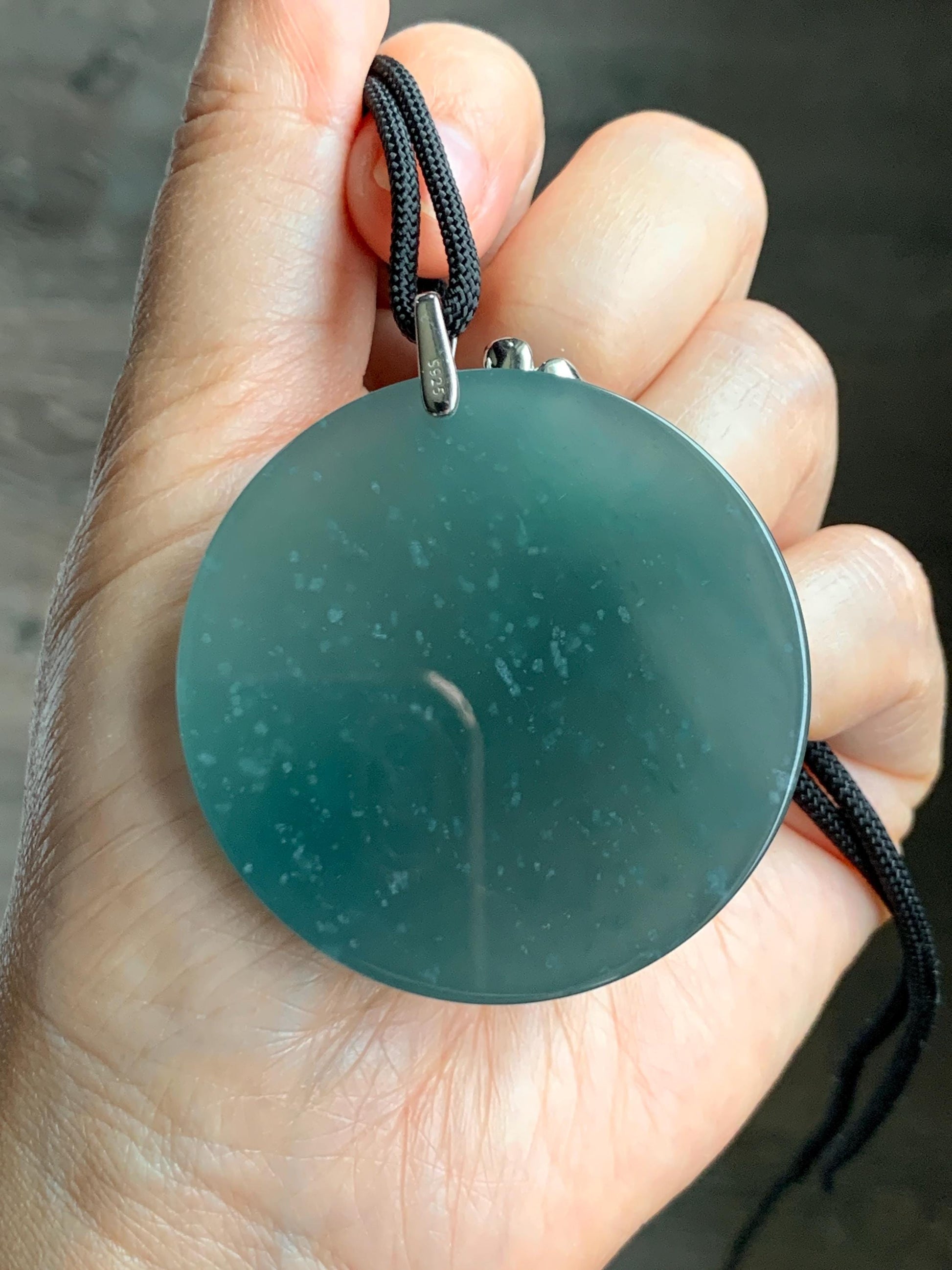 Certified Natural Guatemalan Icy Translucent Dark Teal Blue Jade Jadeite Wu Shi Pai Large Pendant Sterling Silver 天然老种冰危深蓝绿翡翠无事牌梅花吊坠 8738